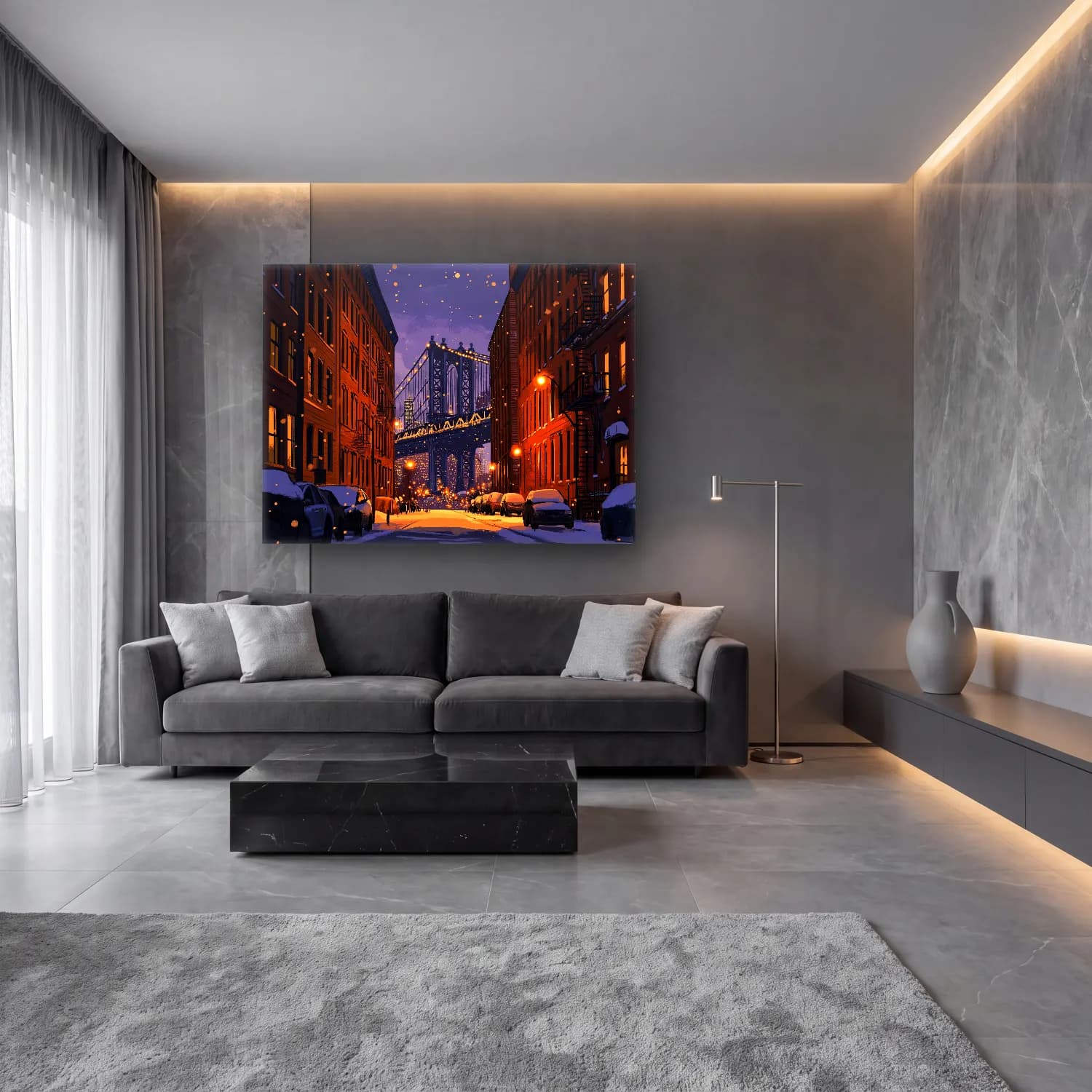 Sevimli İllüstrasyon Gece Şehir – Siyah Beyaz Tonlar cam tablo — lüks salon duvarında