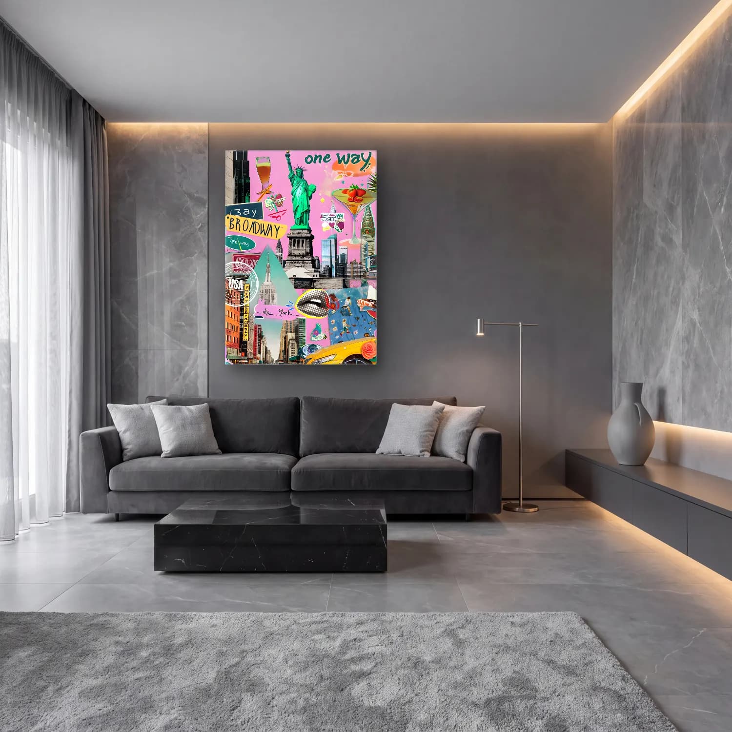 Maksimalist New York Silüeti – Pembe Tonlar cam tablo — lüks salon duvarında