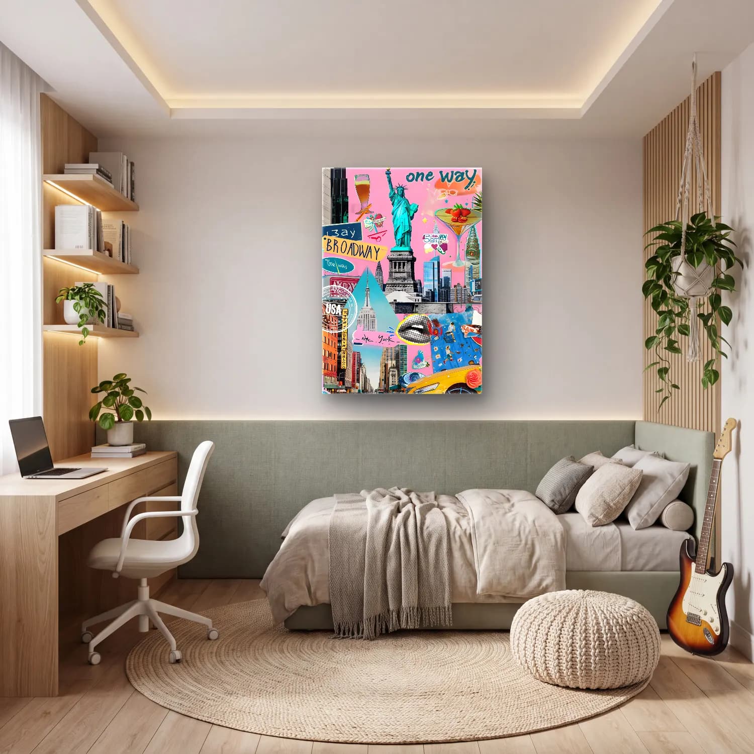 Maksimalist New York Silüeti – Pembe Tonlar cam tablo — genç odasında