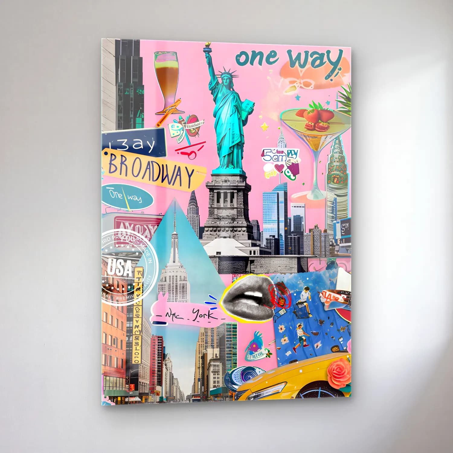 Maksimalist New York Silüeti – Pembe Tonlar cam tablo — sol açıdan görünüm
