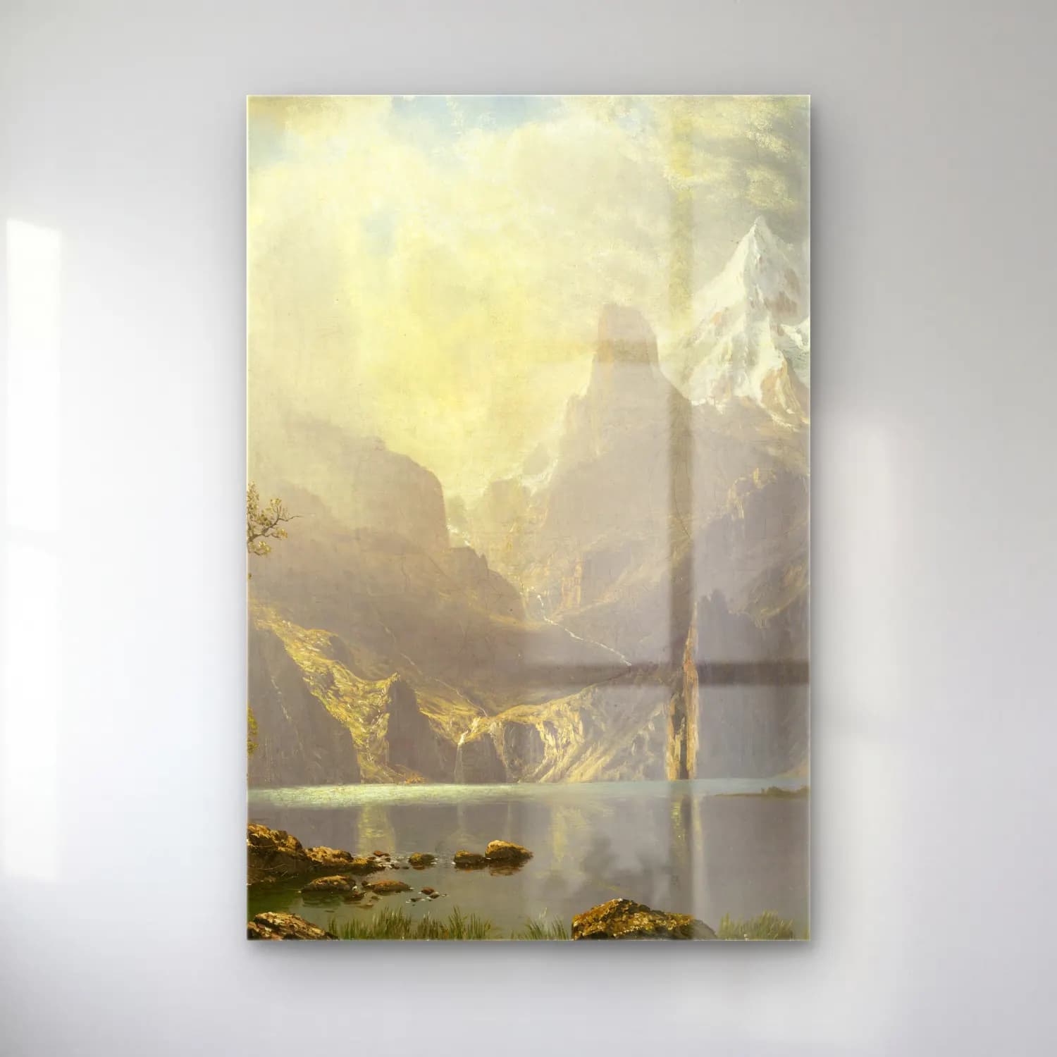 Albert Bierstadt – In the Sierras – Sarı Tonlar cam tablo — Albert Bierstadt – In the Sierras – Sarı Tonlar — yağlı boya dağ manzarası