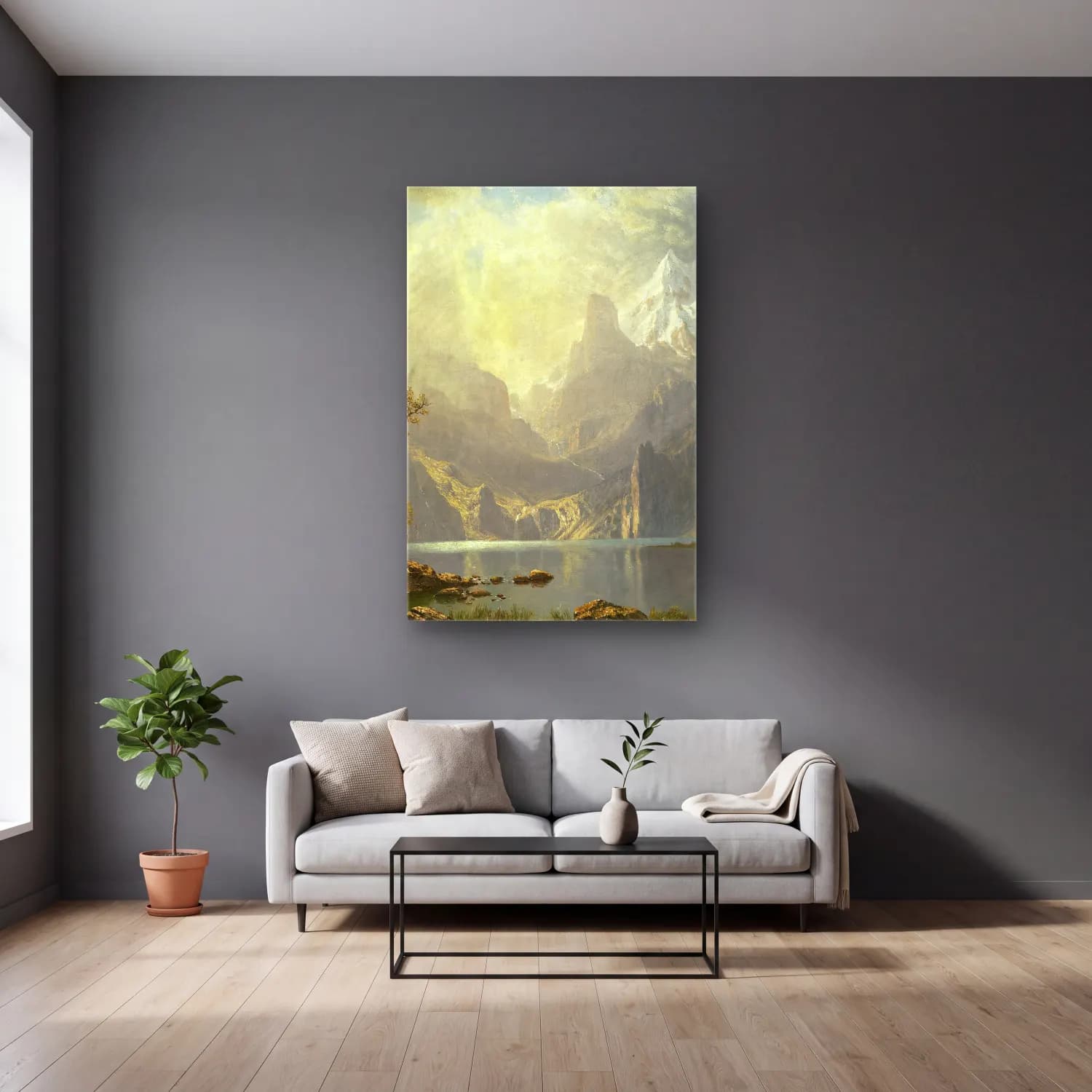 Albert Bierstadt – In the Sierras – Sarı Tonlar cam tablo — gri duvarlı salonda