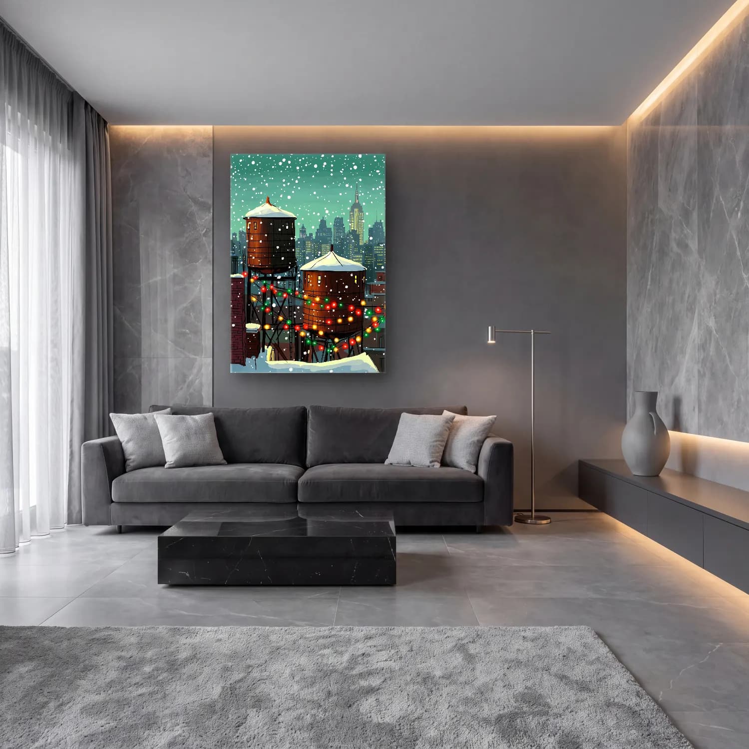 Sevimli İllüstrasyon Gece Şehir – Turkuaz Tonlar cam tablo — lüks salon duvarında