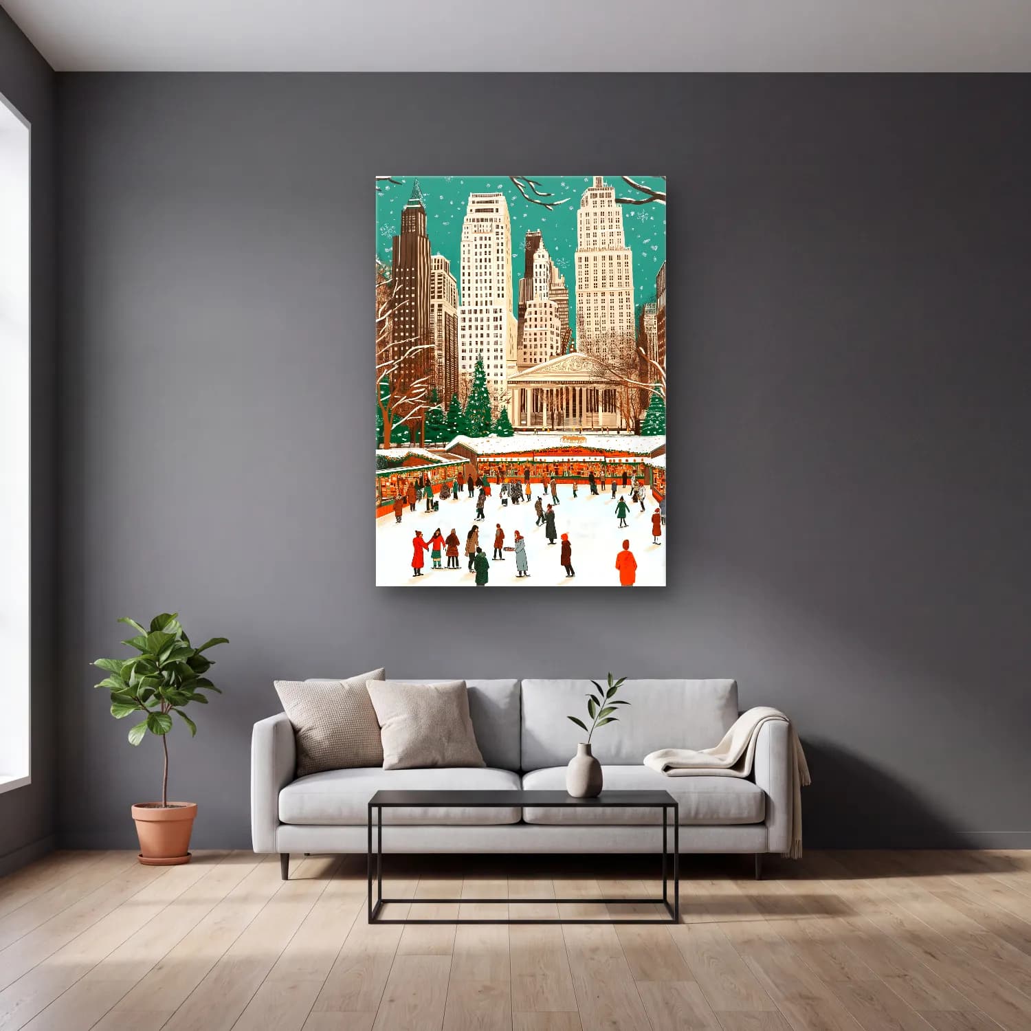 Vintage New York Silüeti No. 2 cam tablo — gri duvarlı salonda