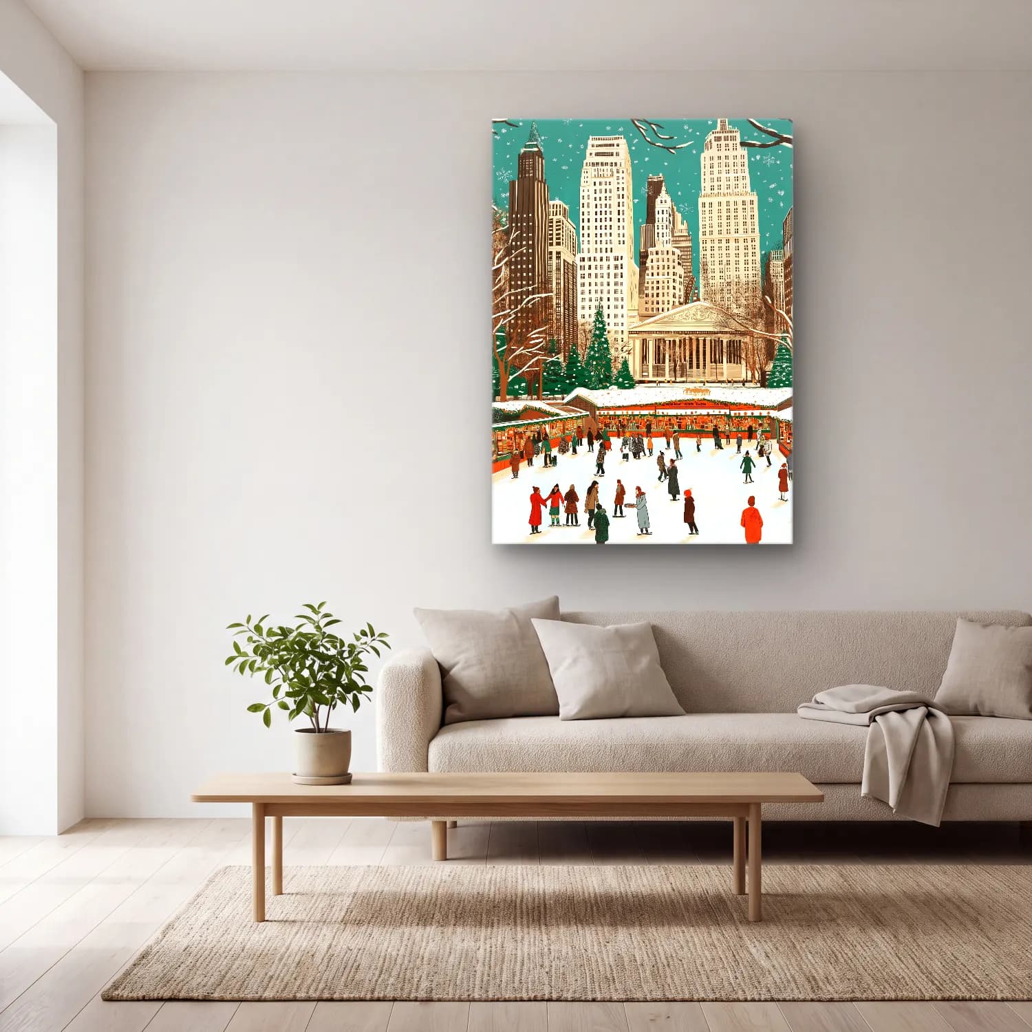 Vintage New York Silüeti No. 2 cam tablo — açık renk salonda