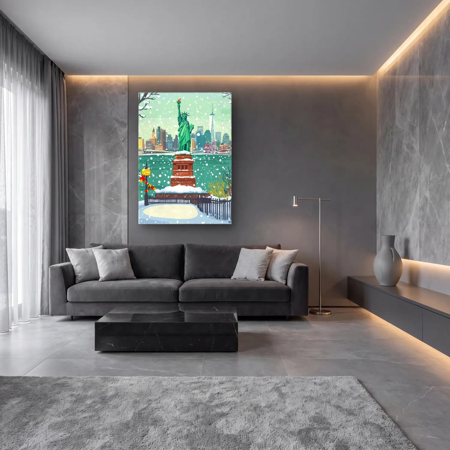 Sevimli İllüstrasyon New York Silüeti No. 4 cam tablo — lüks salon duvarında