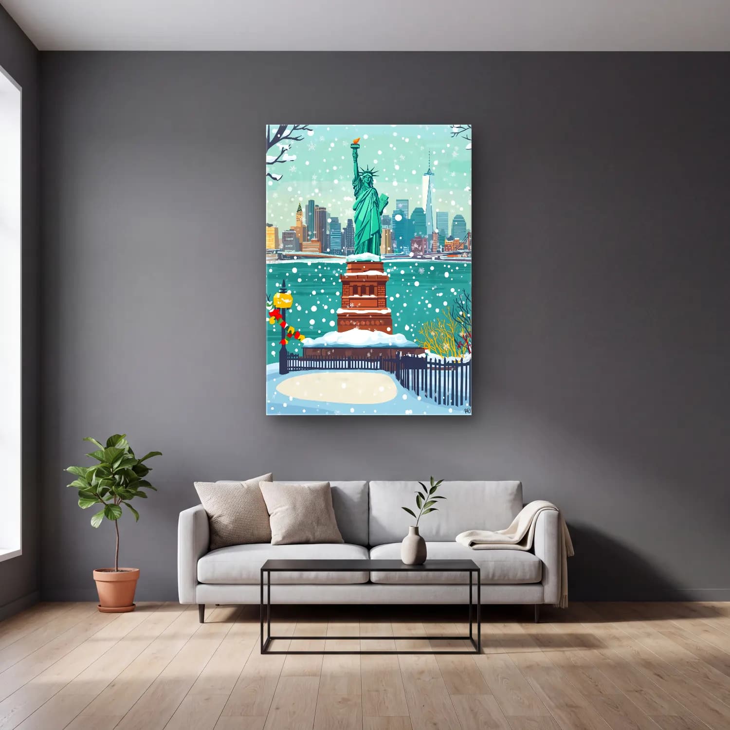 Sevimli İllüstrasyon New York Silüeti No. 4 cam tablo — gri duvarlı salonda