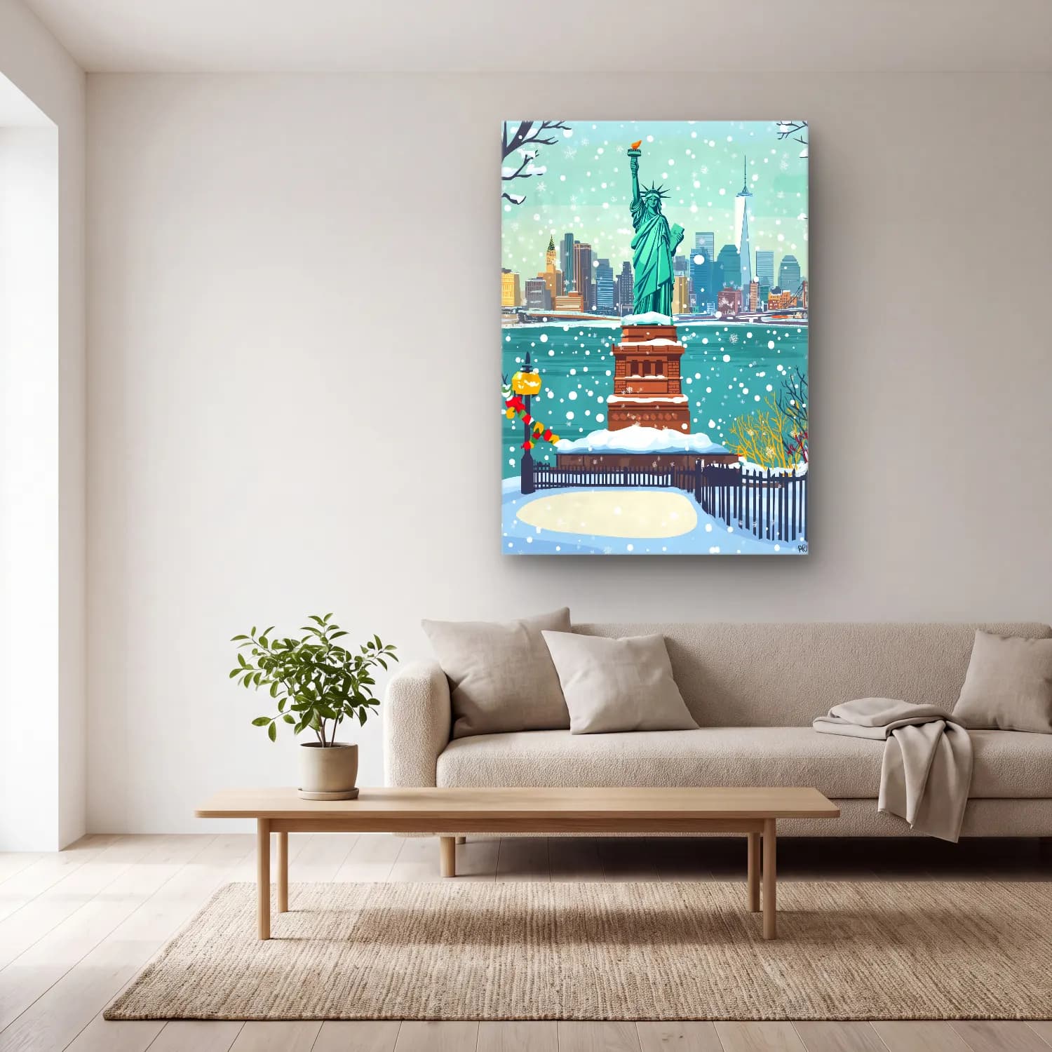 Sevimli İllüstrasyon New York Silüeti No. 4 cam tablo — açık renk salonda