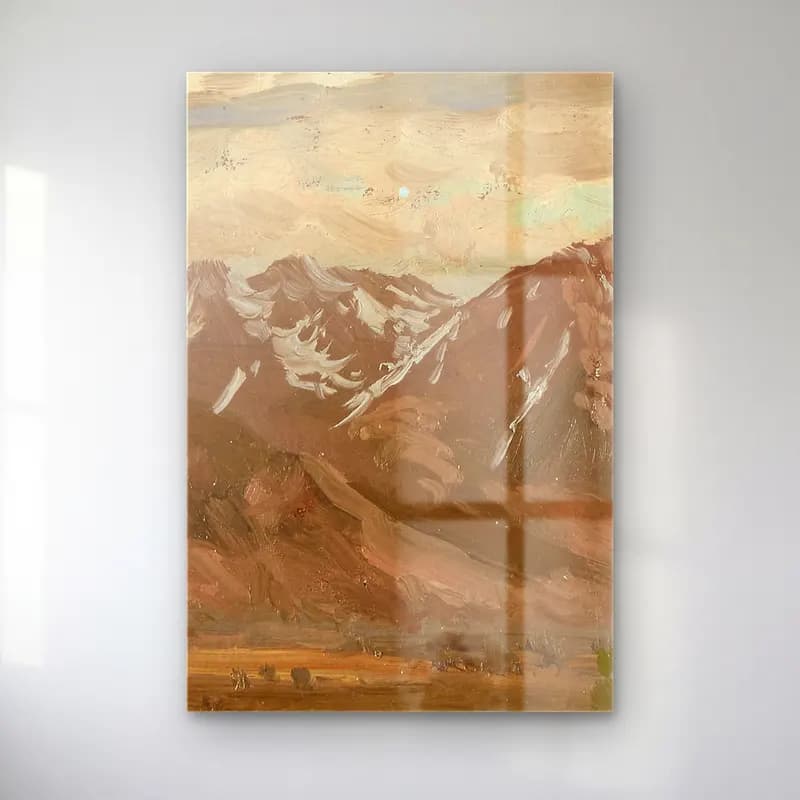 Albert Bierstadt – Montana Landscape – Bej Tonlar cam tablo — Albert Bierstadt – Montana Landscape – Bej Tonlar — yağlı boya dağ manzarası