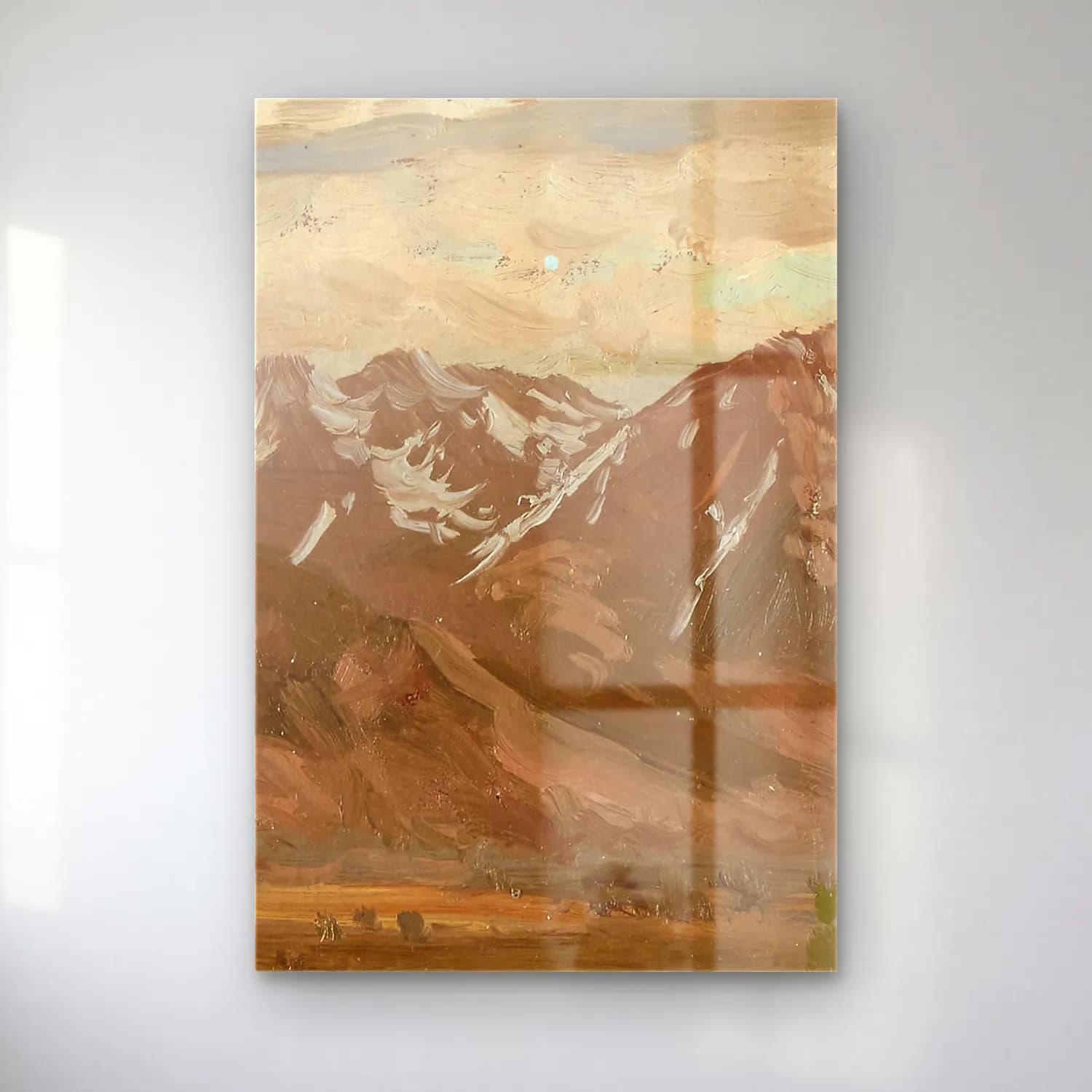 Albert Bierstadt – Montana Landscape – Bej Tonlar cam tablo — Albert Bierstadt – Montana Landscape – Bej Tonlar — yağlı boya dağ manzarası