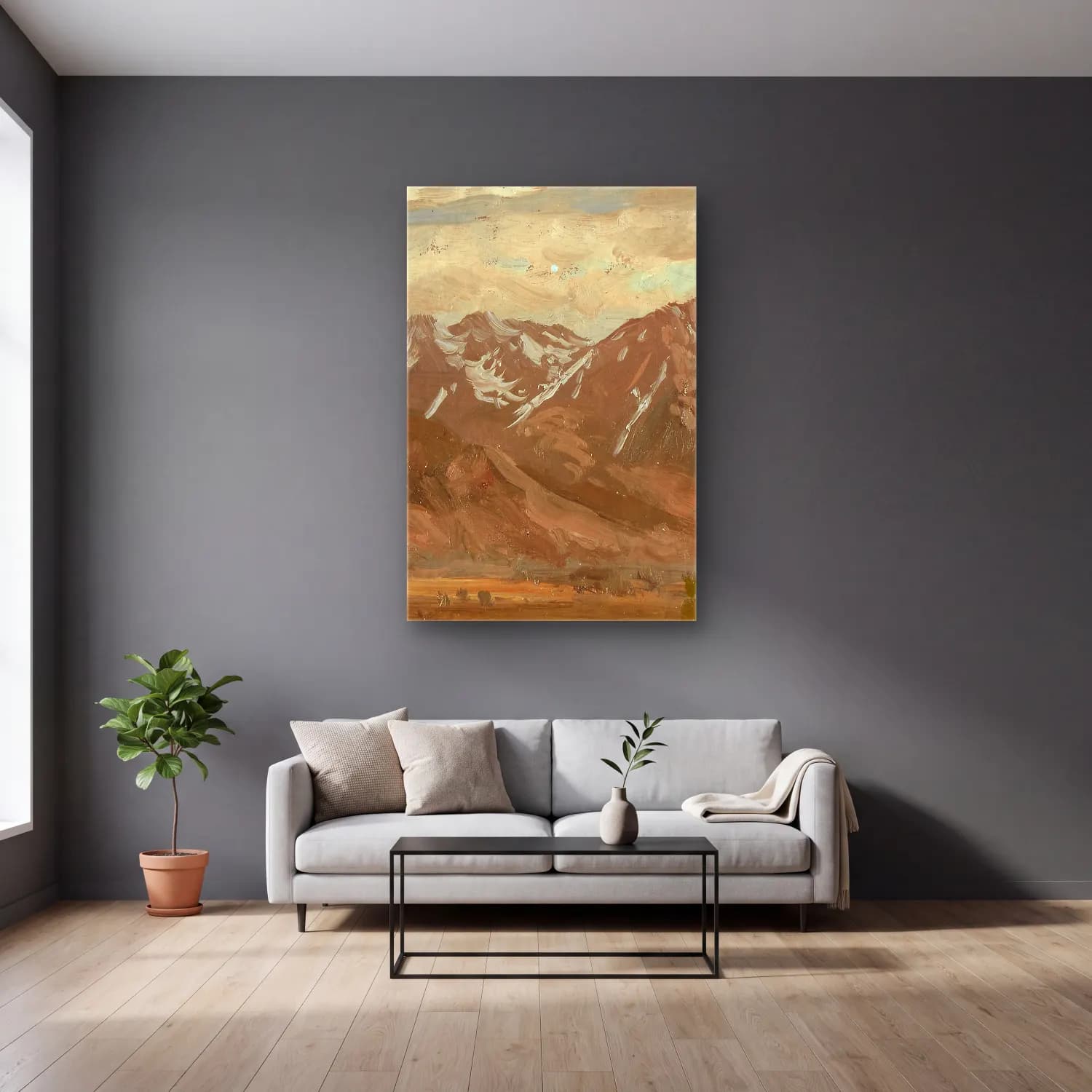 Albert Bierstadt – Montana Landscape – Bej Tonlar cam tablo — gri duvarlı salonda