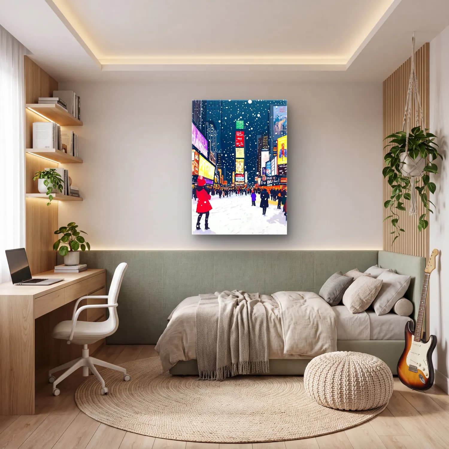 Sevimli İllüstrasyon Kalabalık Cadde – Turuncu Tonlar cam tablo — genç odasında