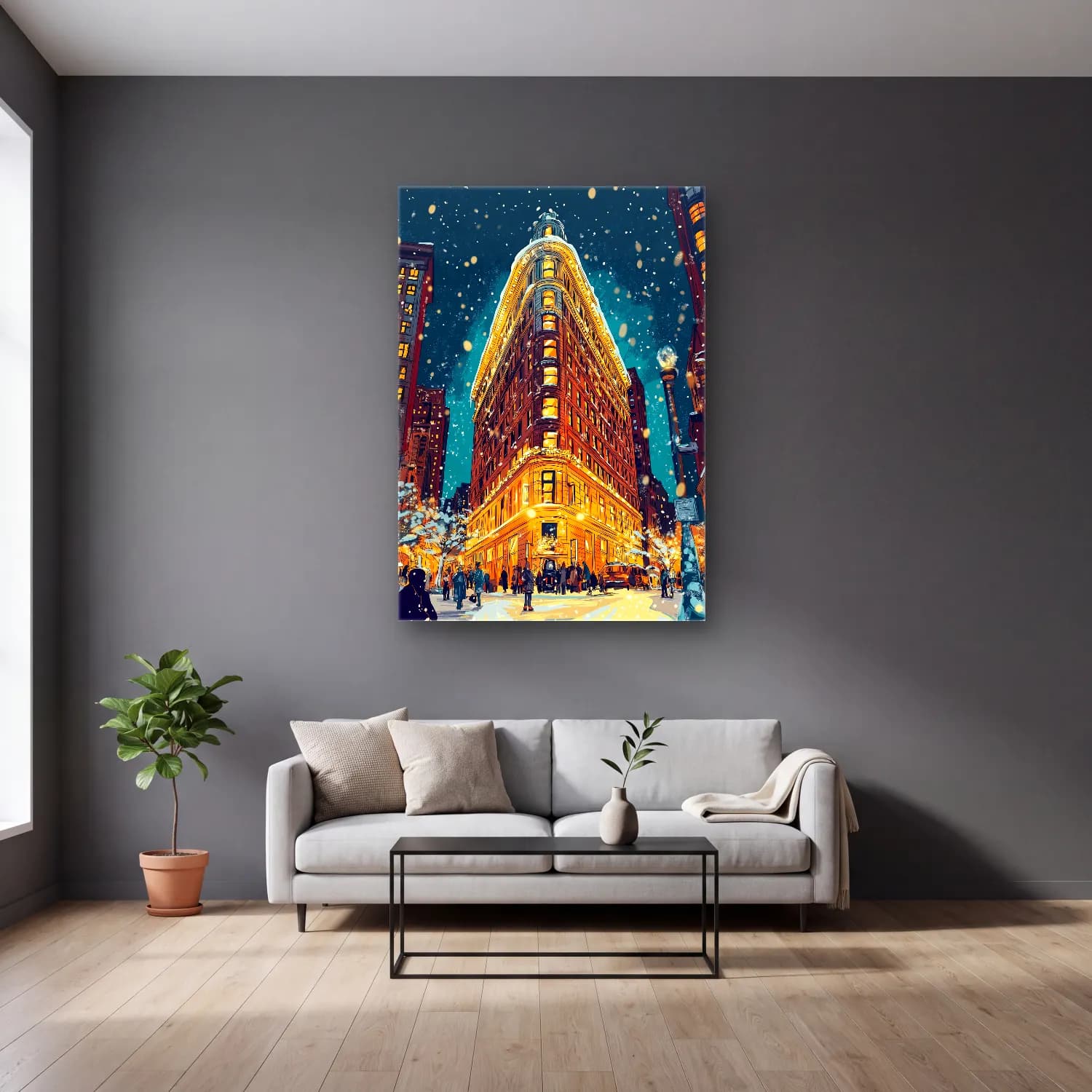 Vintage Gece Şehir No. 6 cam tablo — gri duvarlı salonda