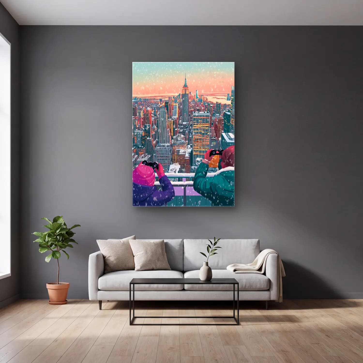 Sevimli İllüstrasyon New York Silüeti – Pembe Tonlar cam tablo — gri duvarlı salonda