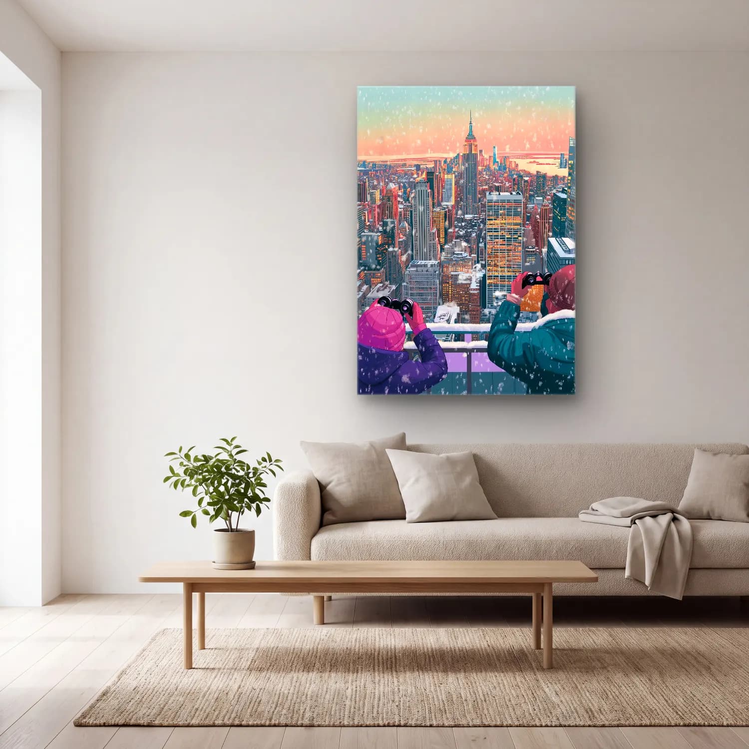 Sevimli İllüstrasyon New York Silüeti – Pembe Tonlar cam tablo — açık renk salonda