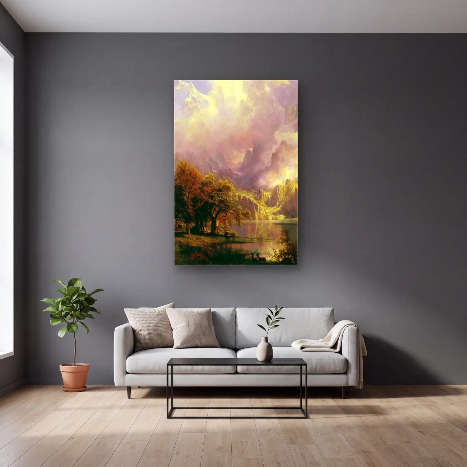 Albert Bierstadt – Rocky Mountain Landscape – Yeşil Tonlar cam tablo — gri duvarlı salonda