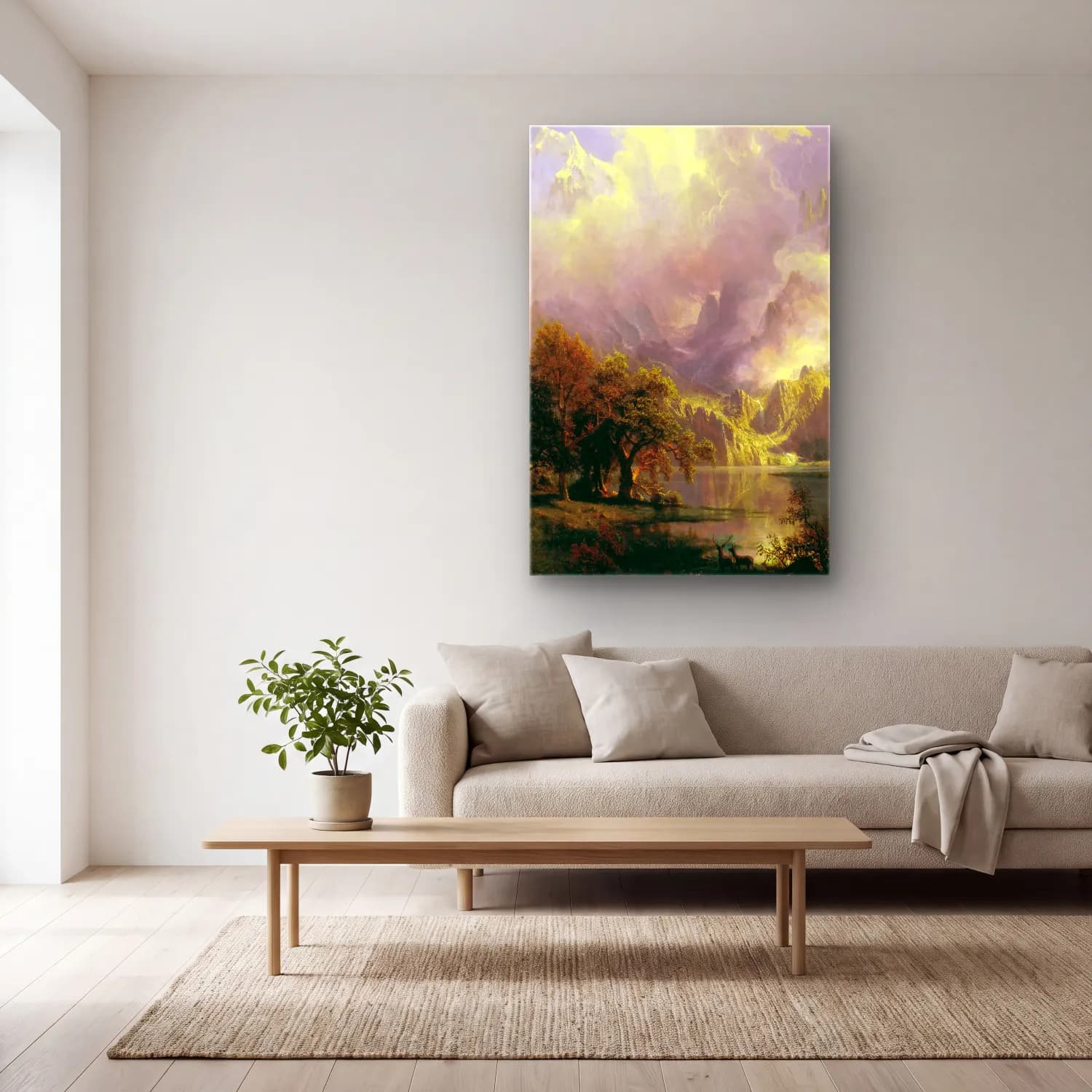 Albert Bierstadt – Rocky Mountain Landscape – Yeşil Tonlar cam tablo — açık renk salonda
