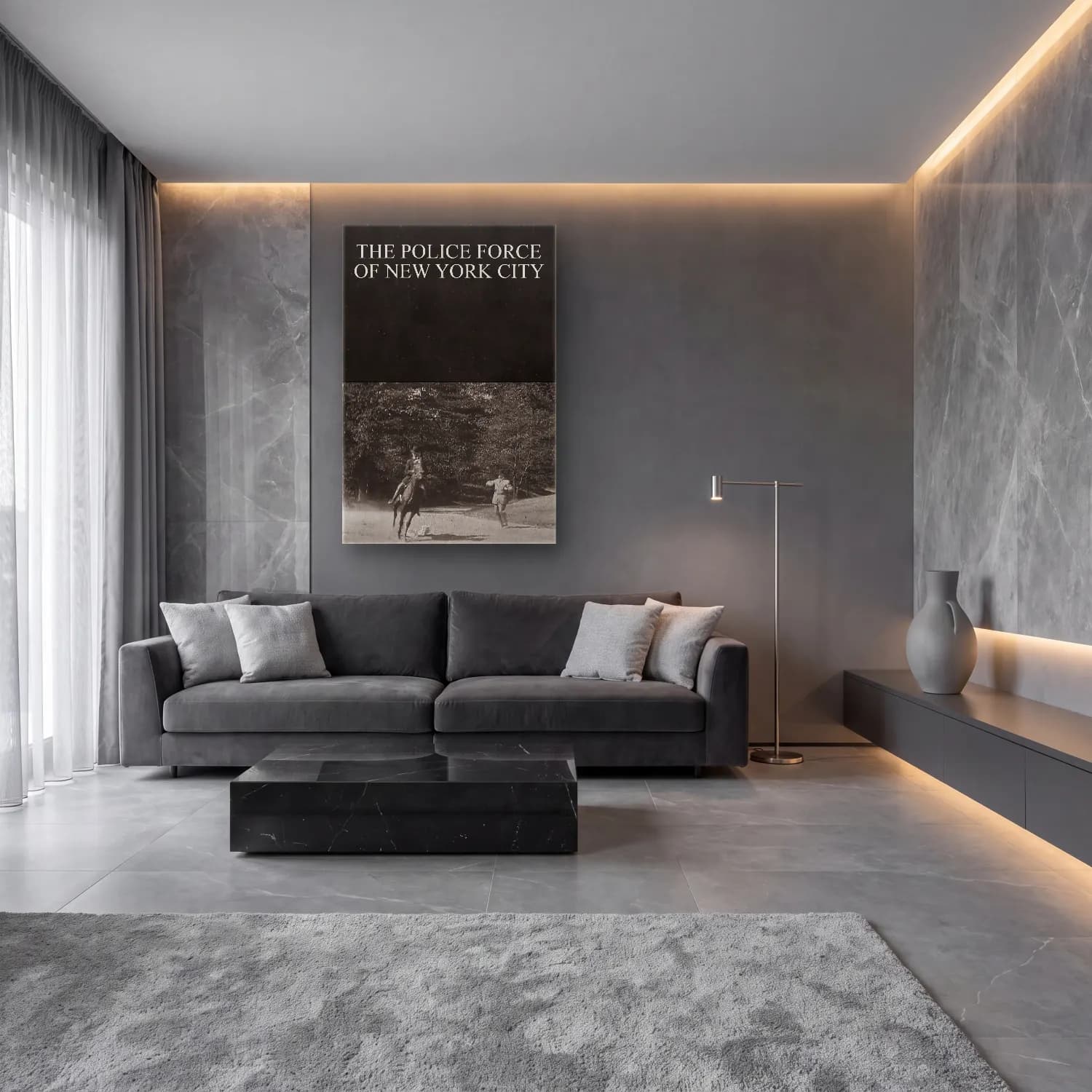Siyah Beyaz Atlı No. 3 cam tablo — lüks salon duvarında