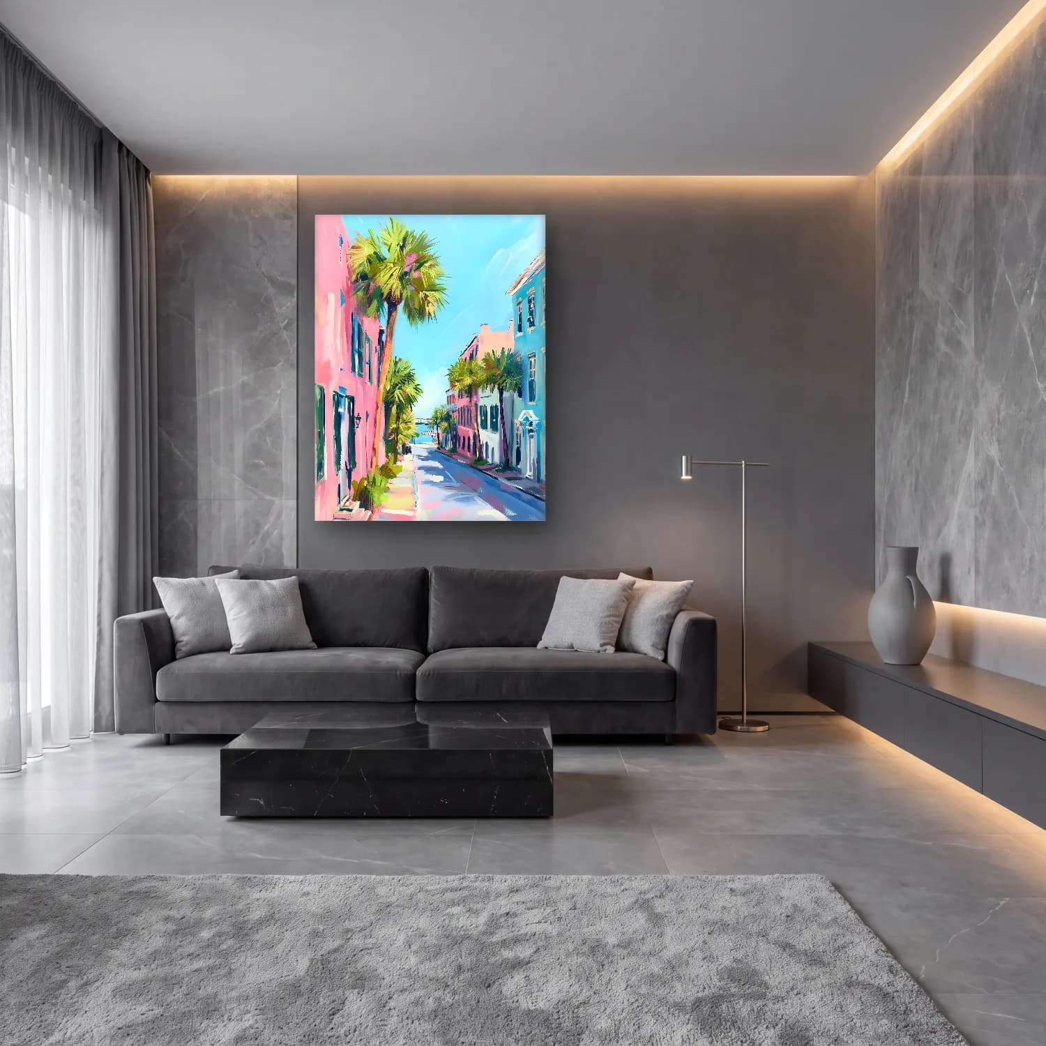 Pastel Köy Sokağı – Pembe Tonlar cam tablo — lüks salon duvarında