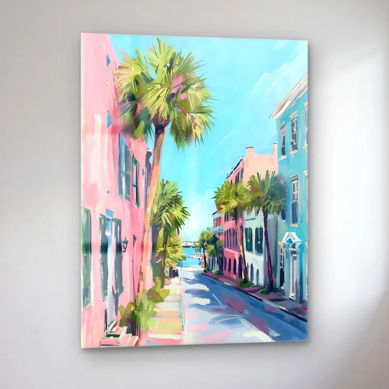 Pastel Köy Sokağı – Pembe Tonlar cam tablo — sol açıdan görünüm