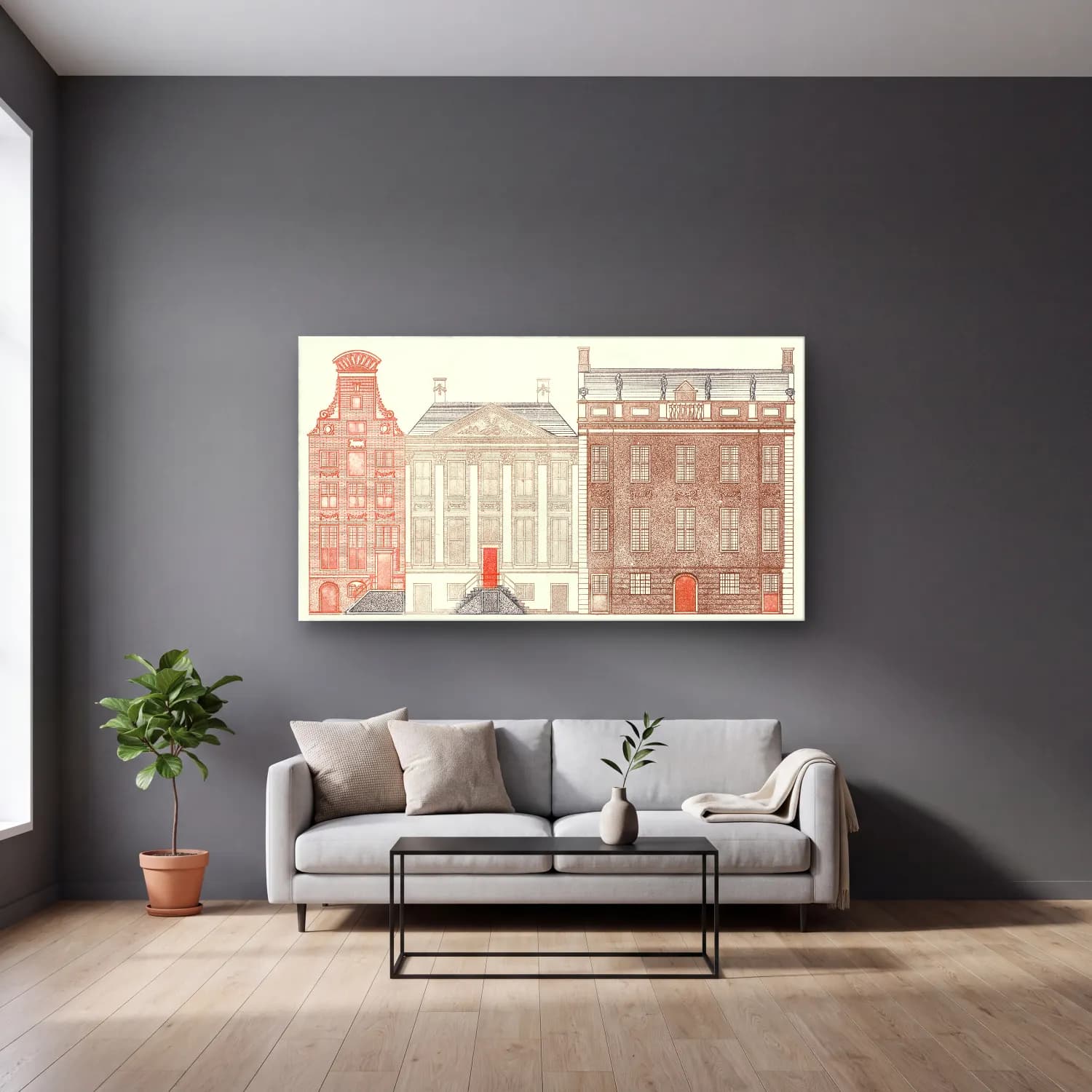 Johan Teyler – Amsterdam canal houses cam tablo — gri duvarlı salonda