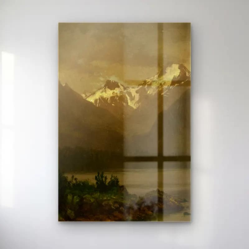 Albert Bierstadt – Untitled (mountains and lake) – Bej Tonlar cam tablo — Albert Bierstadt – Untitled (mountains and lake) – Bej Tonlar — yağlı boya göl ve dağlar