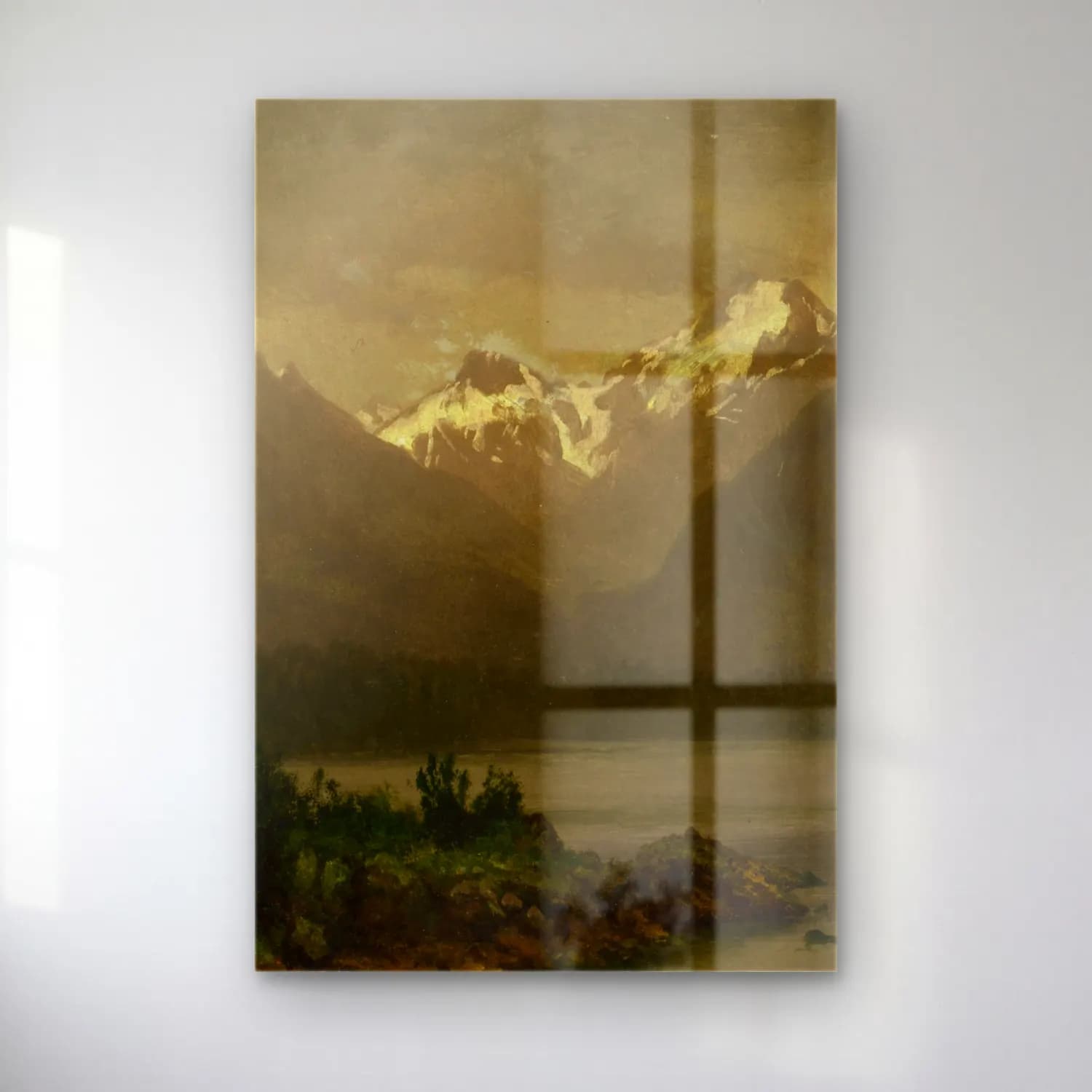 Albert Bierstadt – Untitled (mountains and lake) – Bej Tonlar cam tablo — Albert Bierstadt – Untitled (mountains and lake) – Bej Tonlar — yağlı boya göl ve dağlar