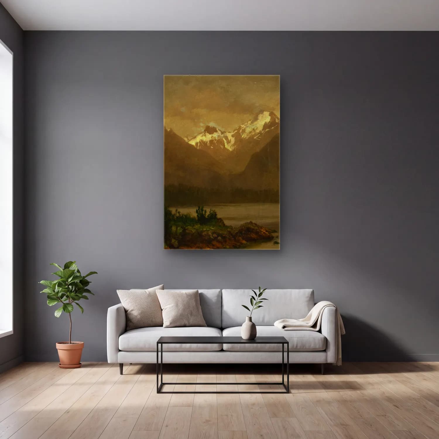 Albert Bierstadt – Untitled (mountains and lake) – Bej Tonlar cam tablo — gri duvarlı salonda