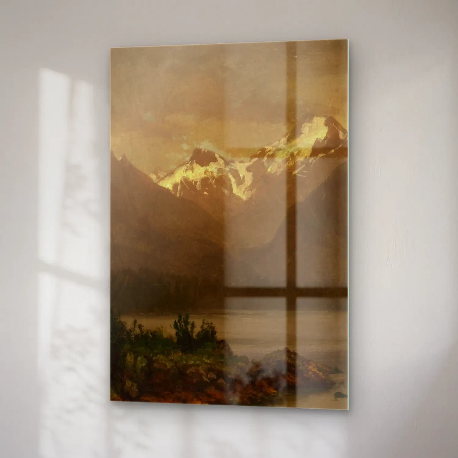 Albert Bierstadt – Untitled (mountains and lake) – Bej Tonlar cam tablo — sağ açıdan görünüm