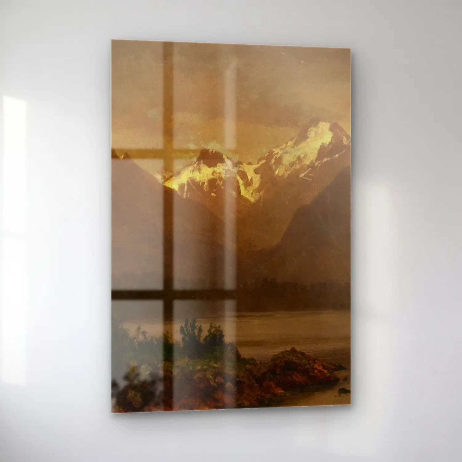 Albert Bierstadt – Untitled (mountains and lake) – Bej Tonlar cam tablo — sol açıdan görünüm