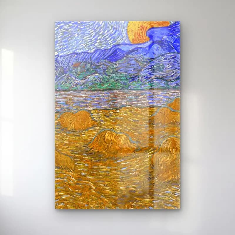 Vincent van Gogh – Landscape with Wheat Sheaves and Rising Moon cam tablo — Vincent van Gogh – Landscape with Wheat Sheaves and Rising Moon — empresyonist buğday tarlası