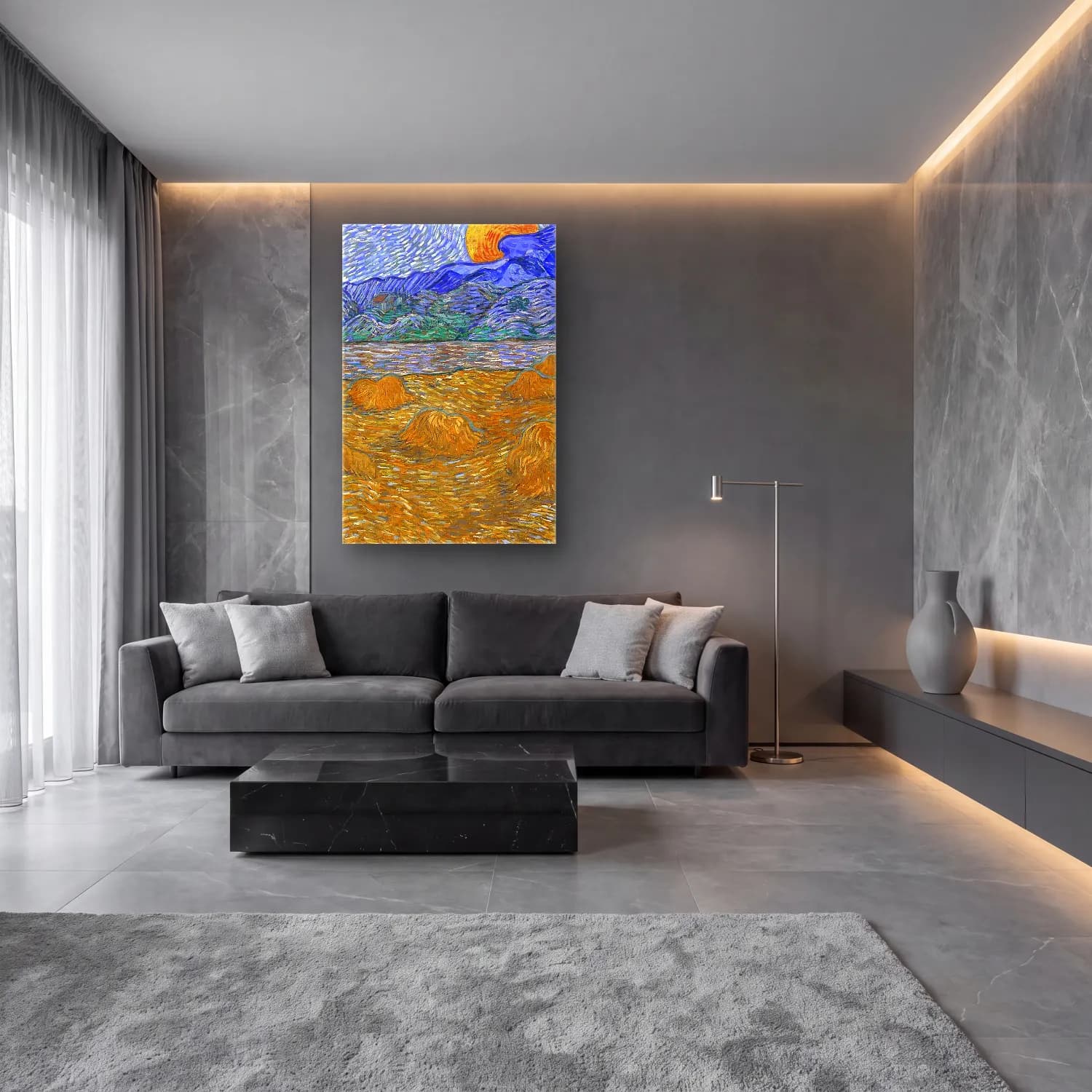 Vincent van Gogh – Landscape with Wheat Sheaves and Rising Moon cam tablo — lüks salon duvarında