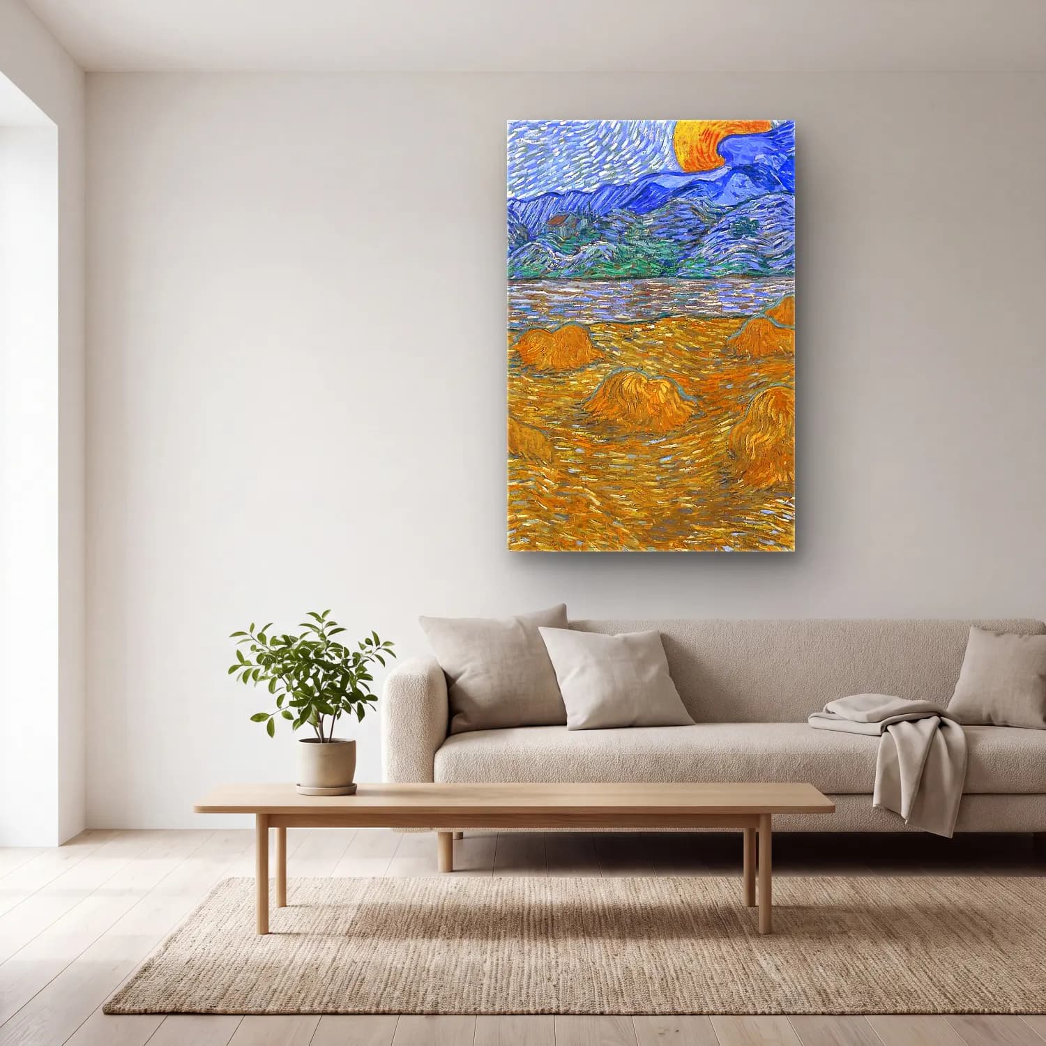 Vincent van Gogh – Landscape with Wheat Sheaves and Rising Moon cam tablo — açık renk salonda