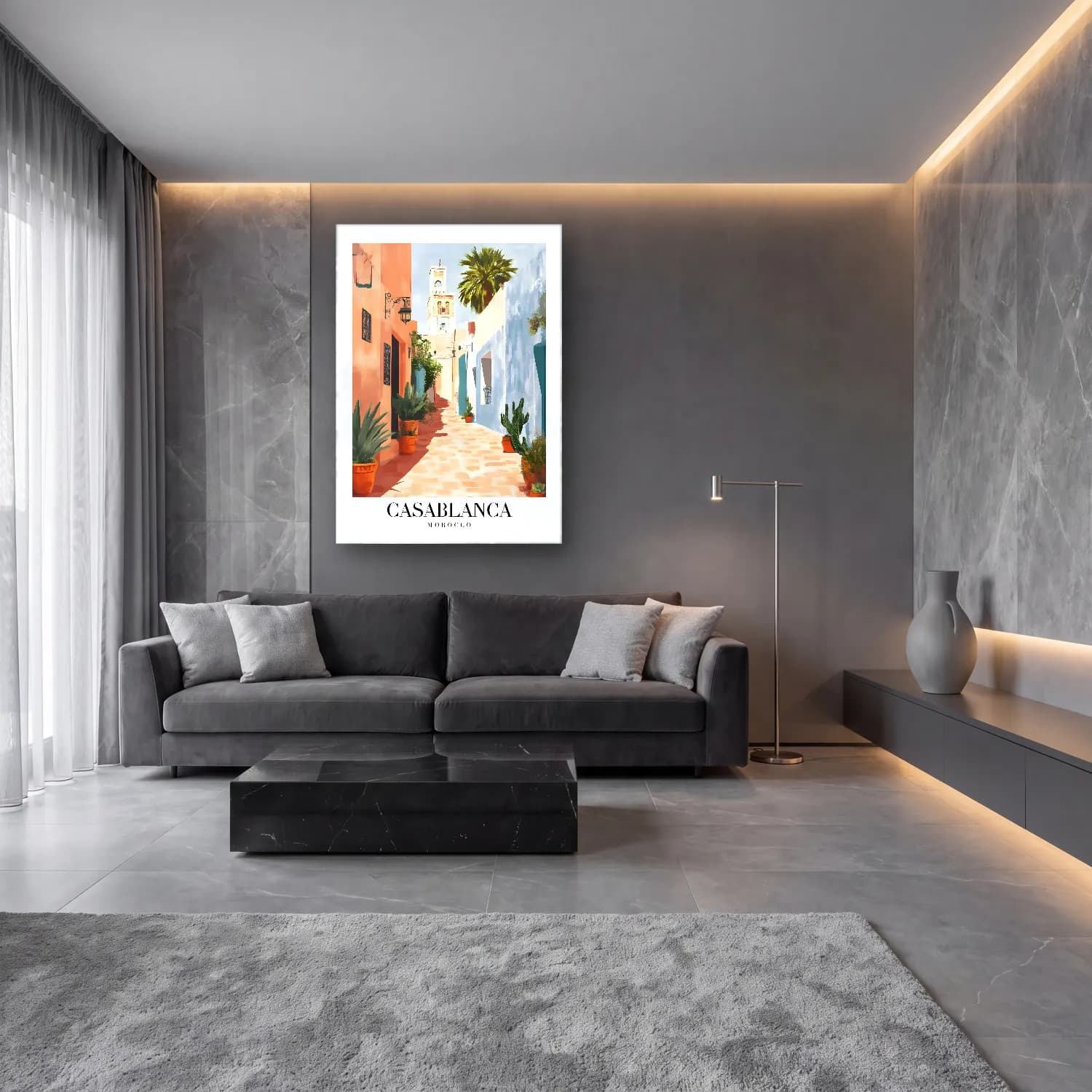 Pastel Akdeniz Sahil Kasabası No. 26 cam tablo — lüks salon duvarında