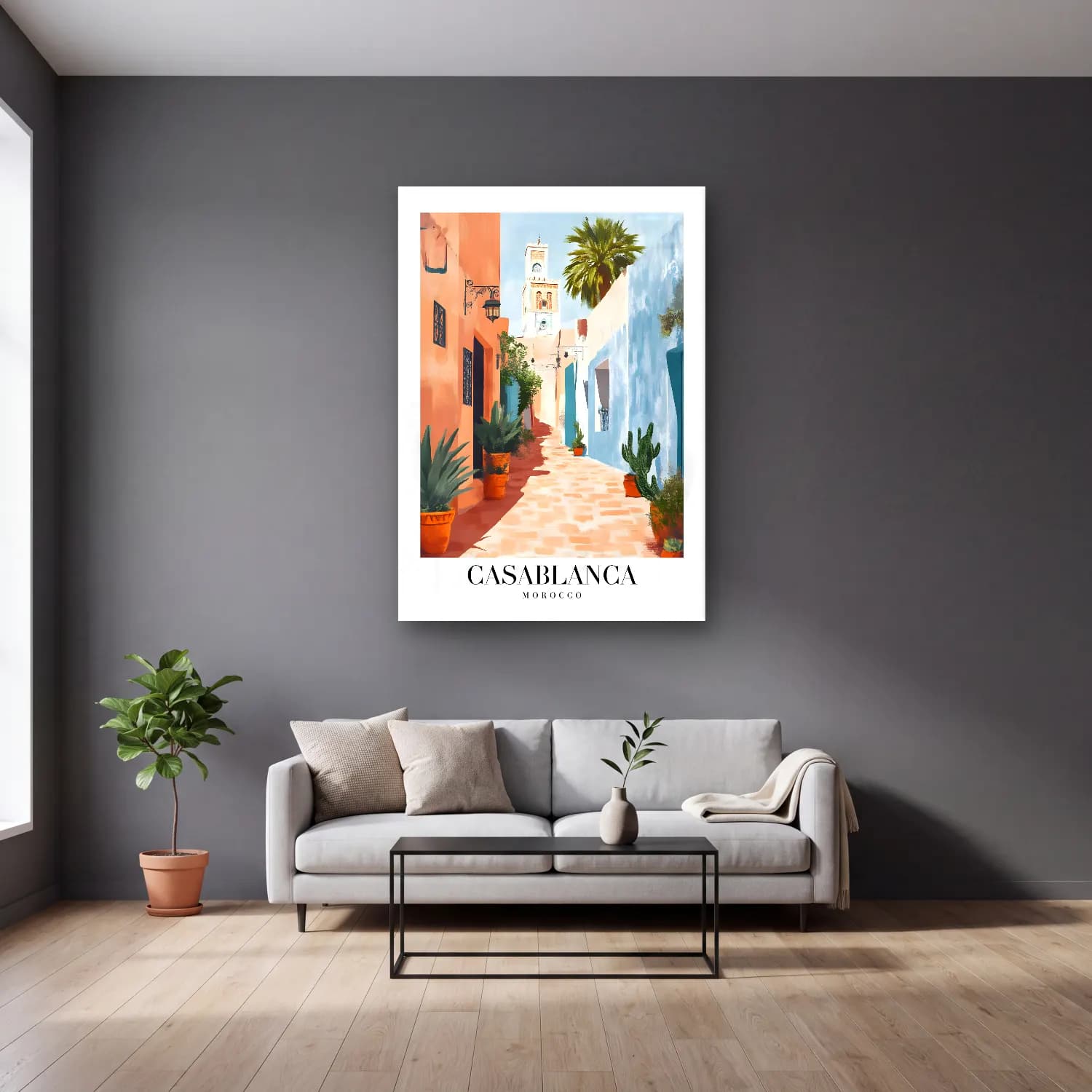 Pastel Akdeniz Sahil Kasabası No. 26 cam tablo — gri duvarlı salonda