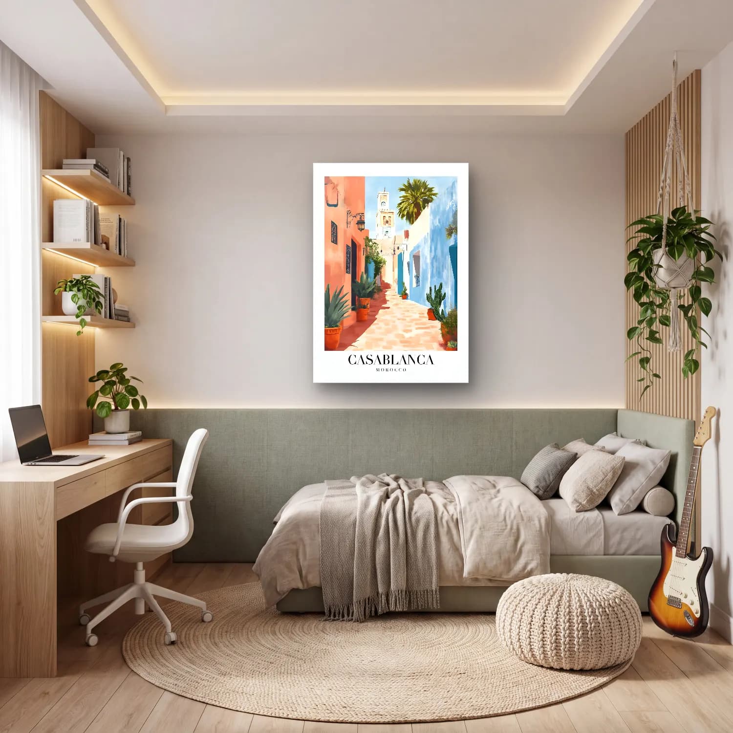 Pastel Akdeniz Sahil Kasabası No. 26 cam tablo — genç odasında