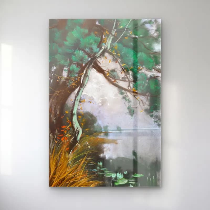 Karl Hagemeister – Uferlandschaft mit Kiefern und Seerosen (Schwielowsee) – Pastel Tonlar cam tablo — Karl Hagemeister – Uferlandschaft mit Kiefern und Seerosen (Schwielowsee) – Pastel Tonlar — suluboya sisli orman