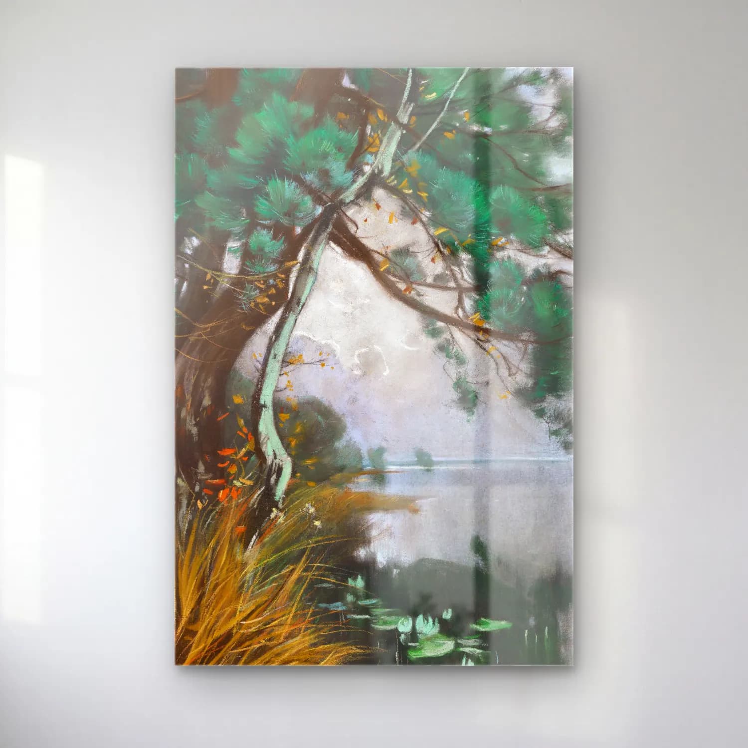 Karl Hagemeister – Uferlandschaft mit Kiefern und Seerosen (Schwielowsee) – Pastel Tonlar cam tablo — Karl Hagemeister – Uferlandschaft mit Kiefern und Seerosen (Schwielowsee) – Pastel Tonlar — suluboya sisli orman