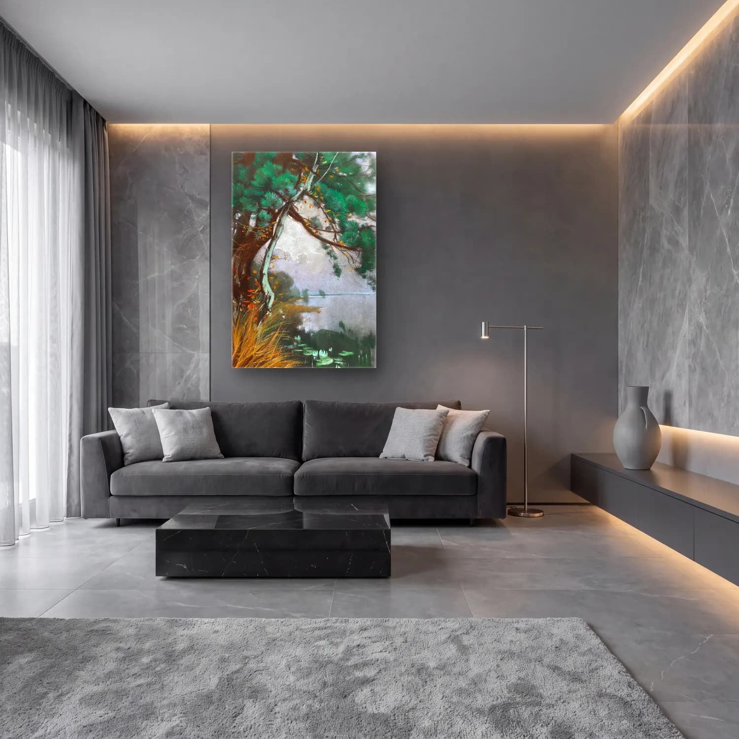 Karl Hagemeister – Uferlandschaft mit Kiefern und Seerosen (Schwielowsee) – Pastel Tonlar cam tablo — lüks salon duvarında