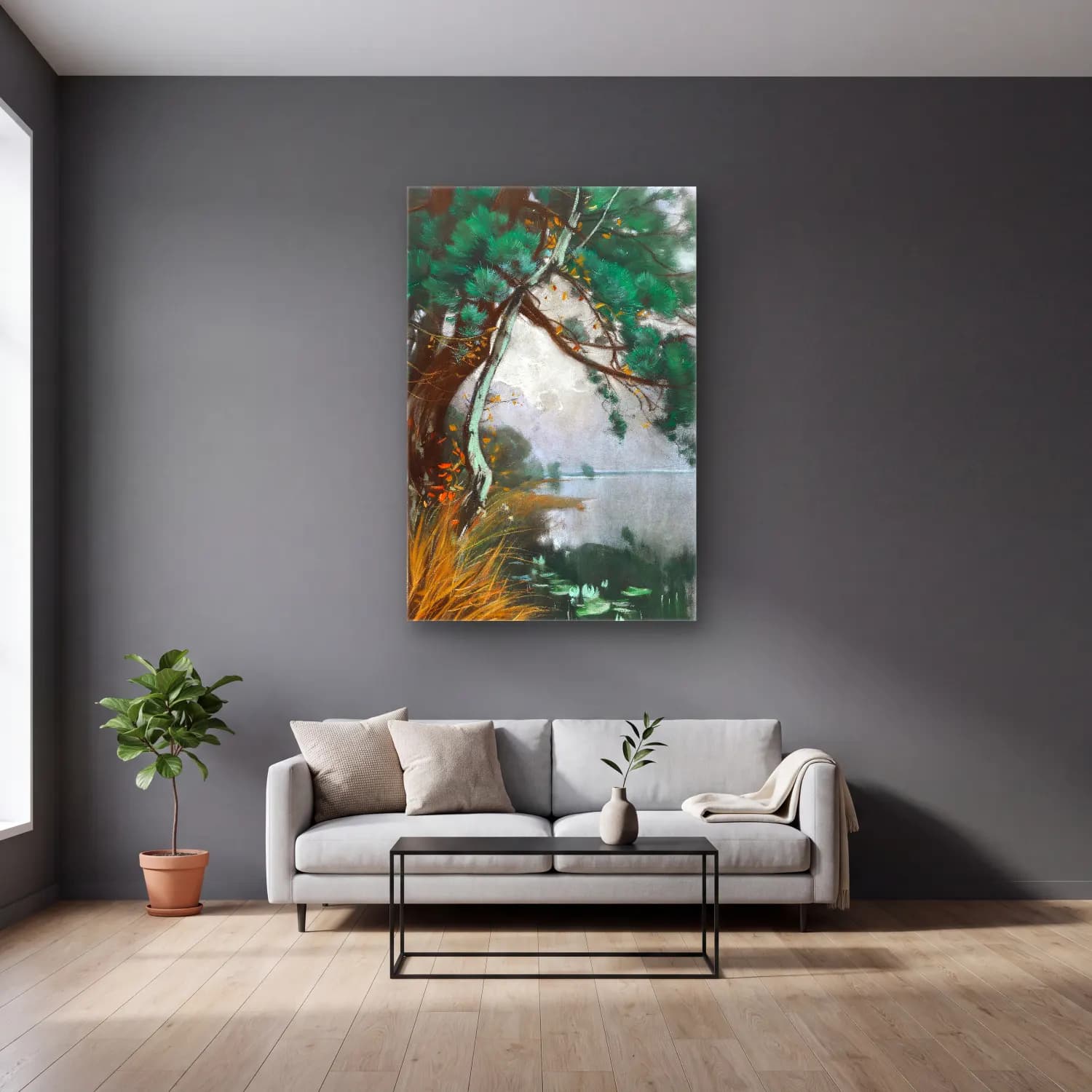 Karl Hagemeister – Uferlandschaft mit Kiefern und Seerosen (Schwielowsee) – Pastel Tonlar cam tablo — gri duvarlı salonda