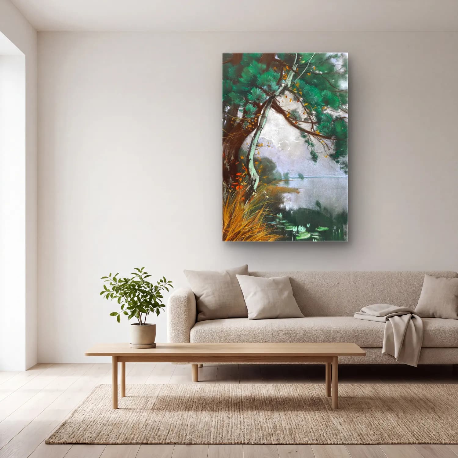 Karl Hagemeister – Uferlandschaft mit Kiefern und Seerosen (Schwielowsee) – Pastel Tonlar cam tablo — açık renk salonda