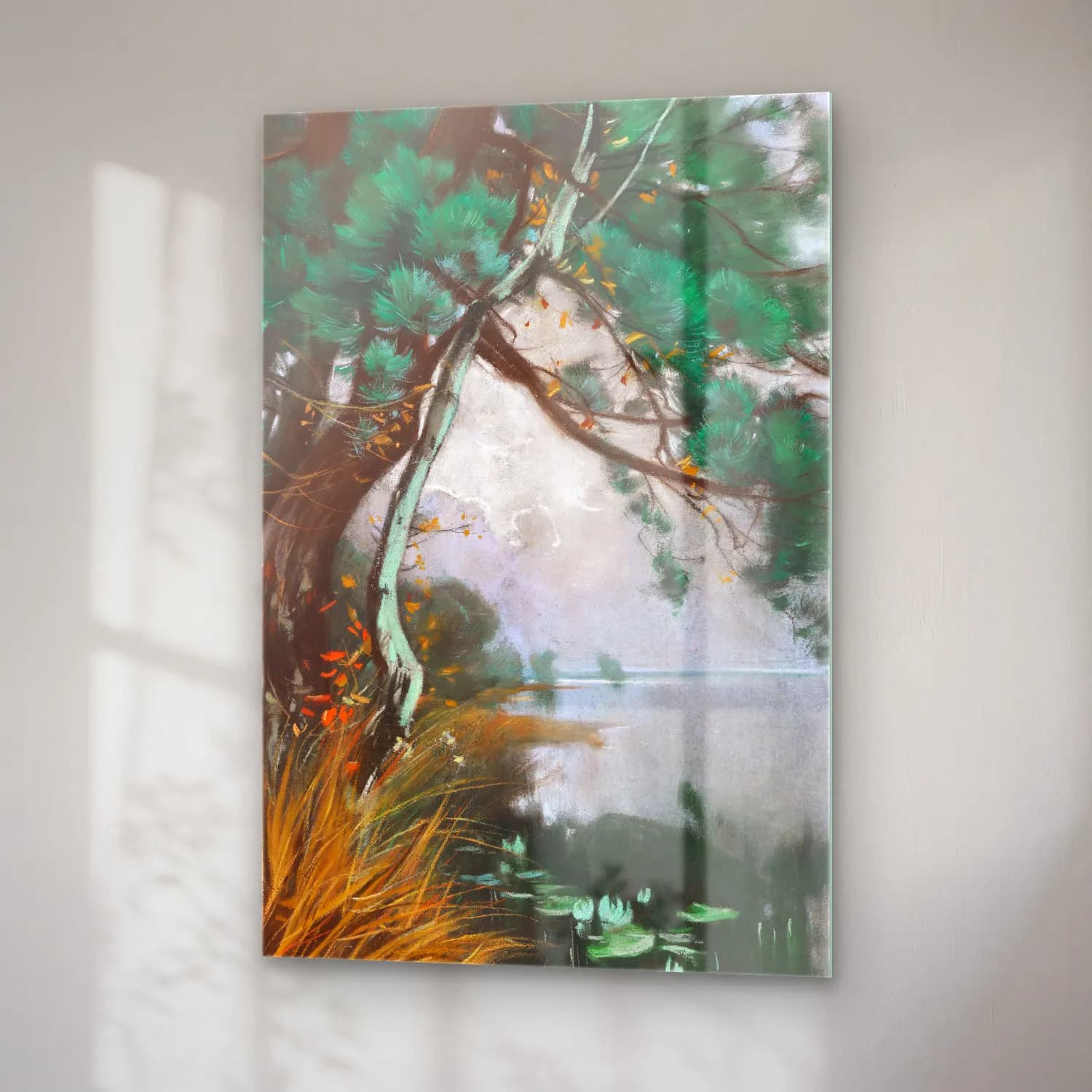 Karl Hagemeister – Uferlandschaft mit Kiefern und Seerosen (Schwielowsee) – Pastel Tonlar cam tablo — sağ açıdan görünüm