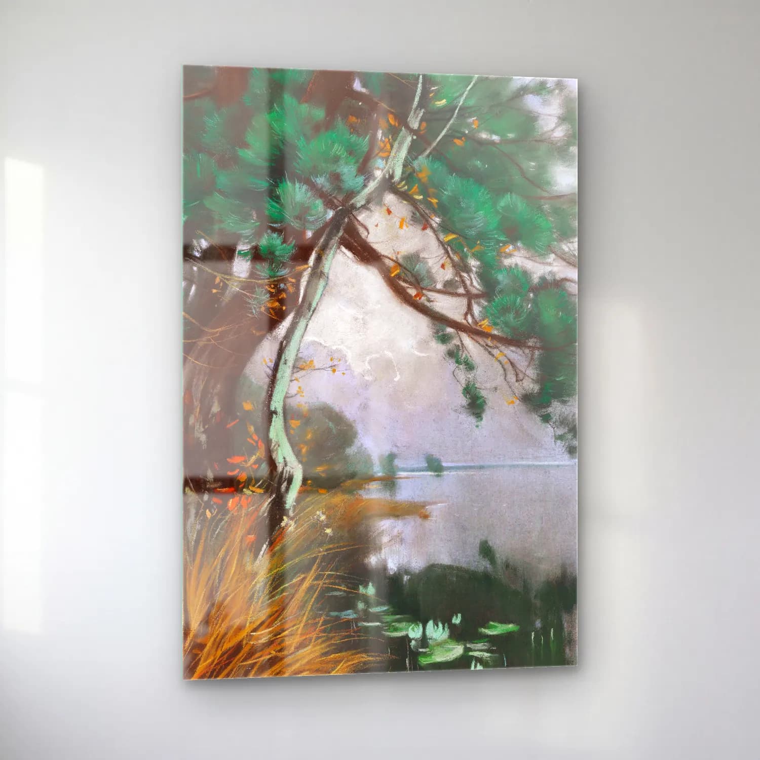 Karl Hagemeister – Uferlandschaft mit Kiefern und Seerosen (Schwielowsee) – Pastel Tonlar cam tablo — sol açıdan görünüm