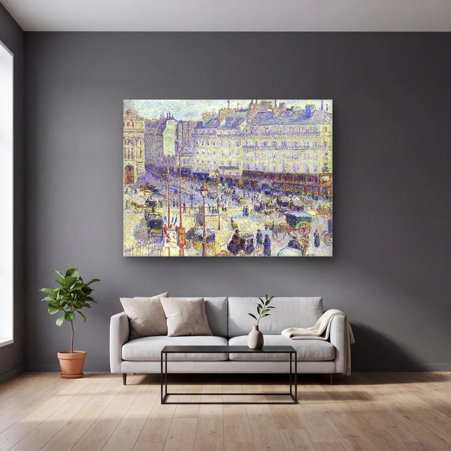 Camille Pissarro – The Place du Havre, Paris cam tablo — gri duvarlı salonda