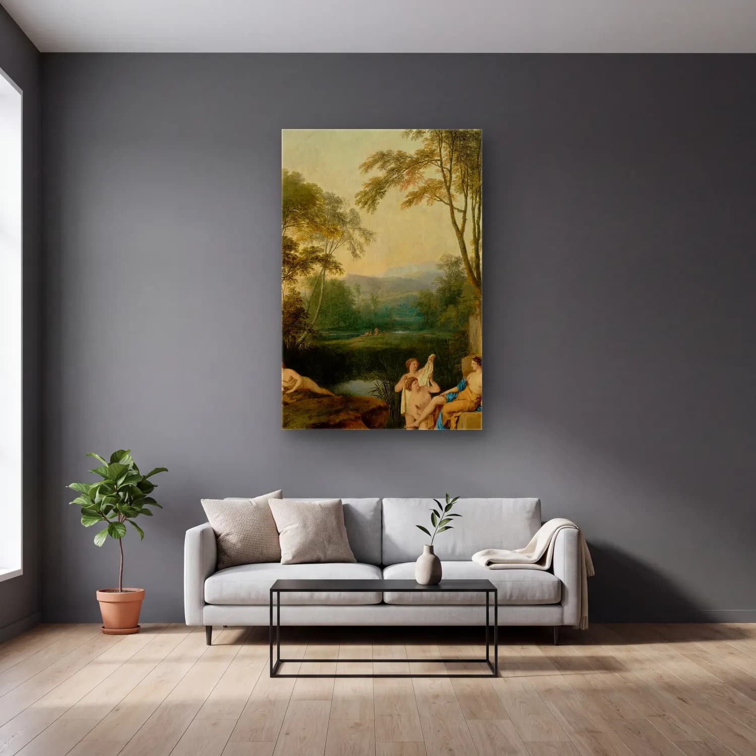 Laurent de la Hyre – Diana and Her Nymphs in a Landscape cam tablo — gri duvarlı salonda