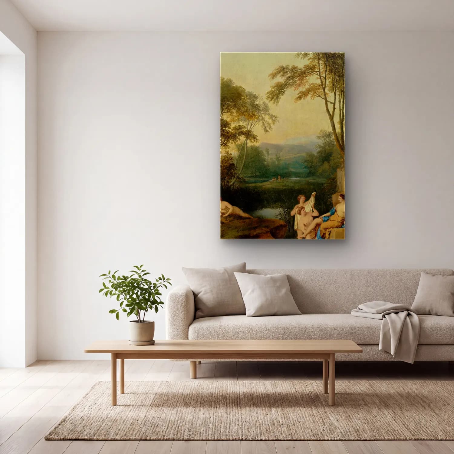 Laurent de la Hyre – Diana and Her Nymphs in a Landscape cam tablo — açık renk salonda
