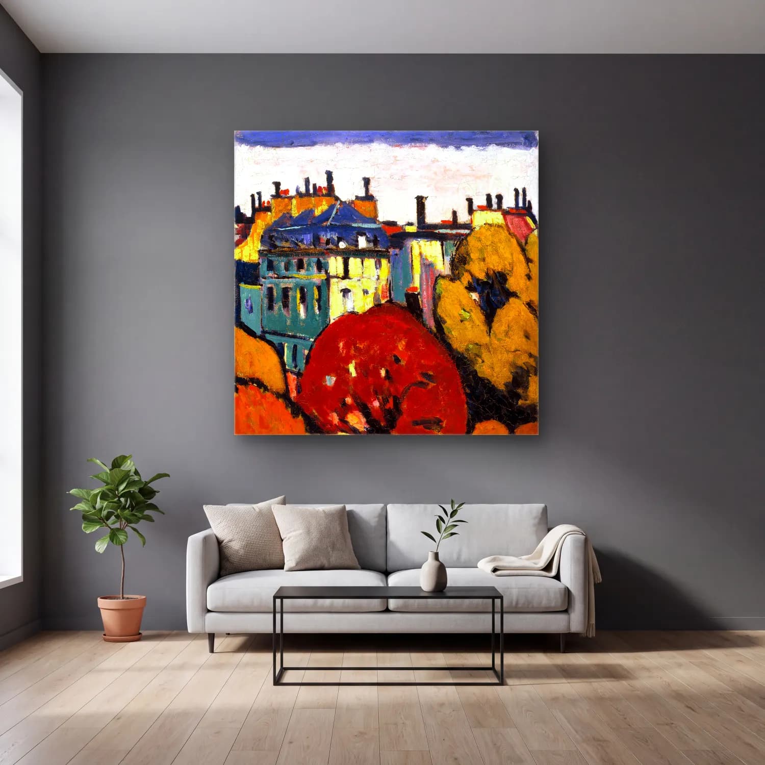 Lyman Sayen – Landscape, Paris Henry cam tablo — gri duvarlı salonda
