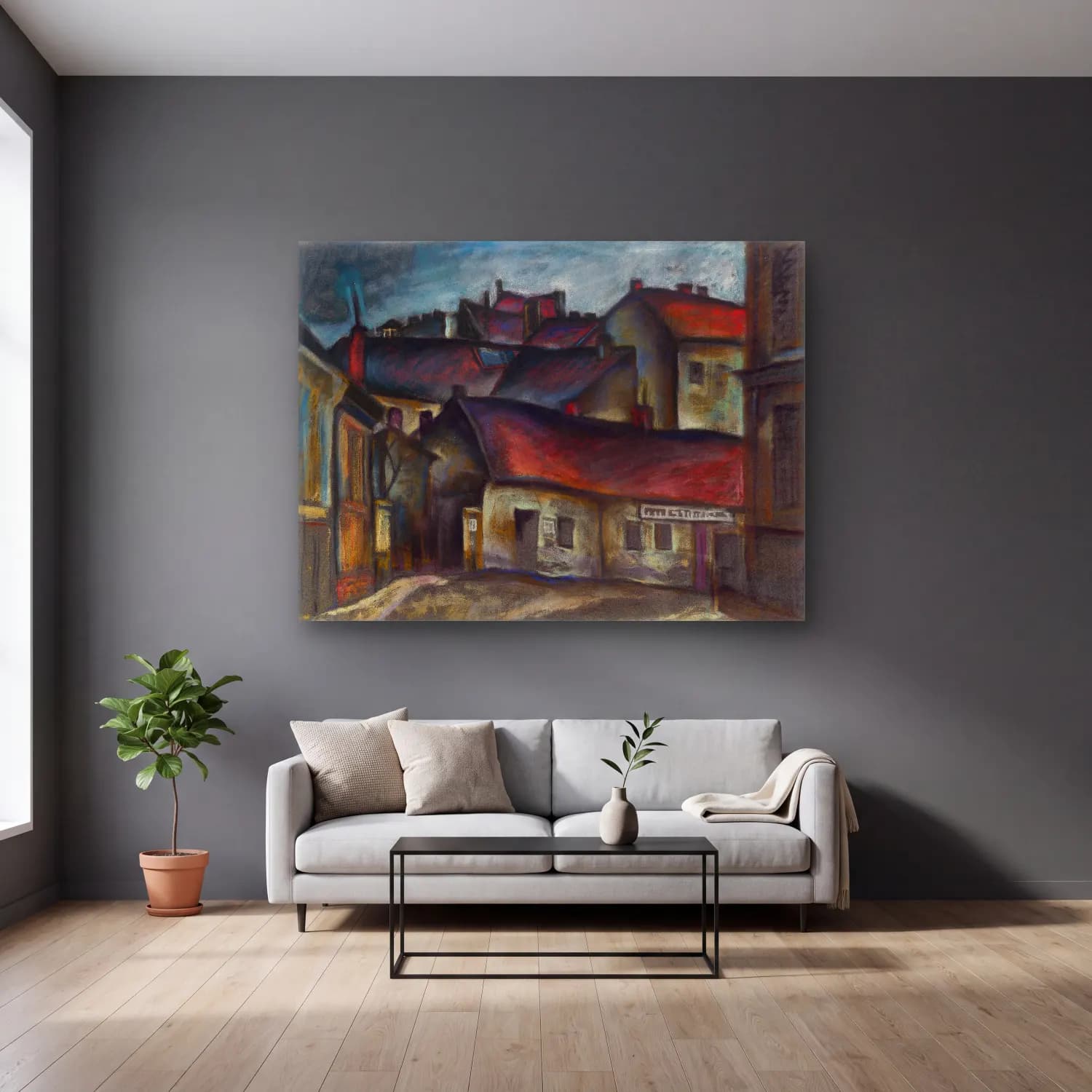 Konštantín Bauer – The outskirts of the city cam tablo — gri duvarlı salonda