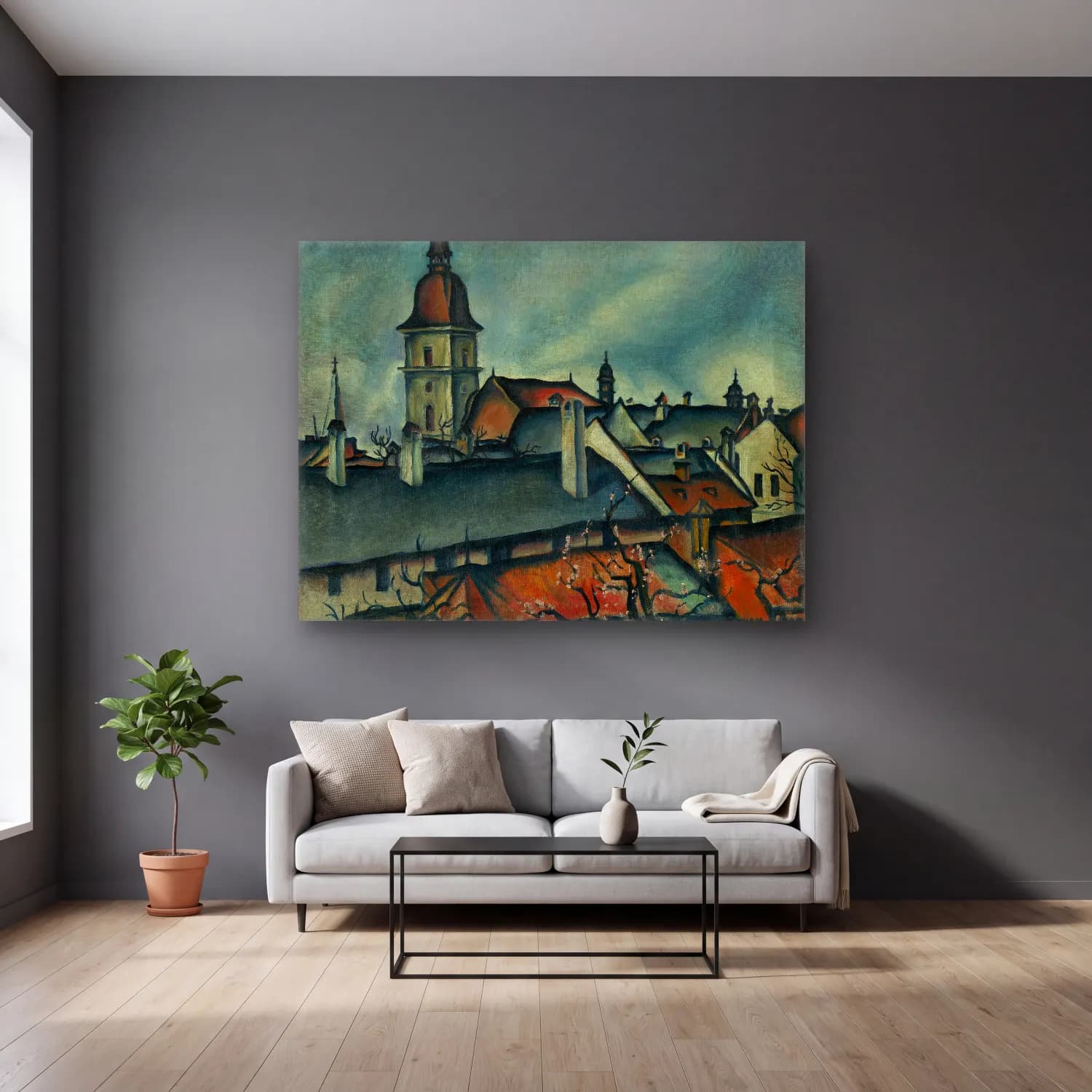 Konštantín Bauer – View of košice cam tablo — gri duvarlı salonda
