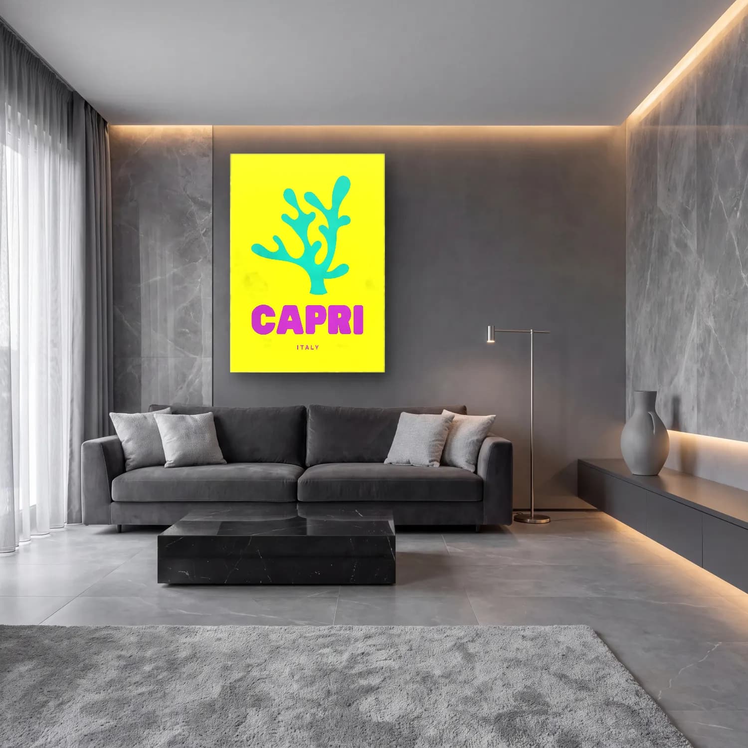 Pastel Yengeç – Sarı Tonlar cam tablo — lüks salon duvarında
